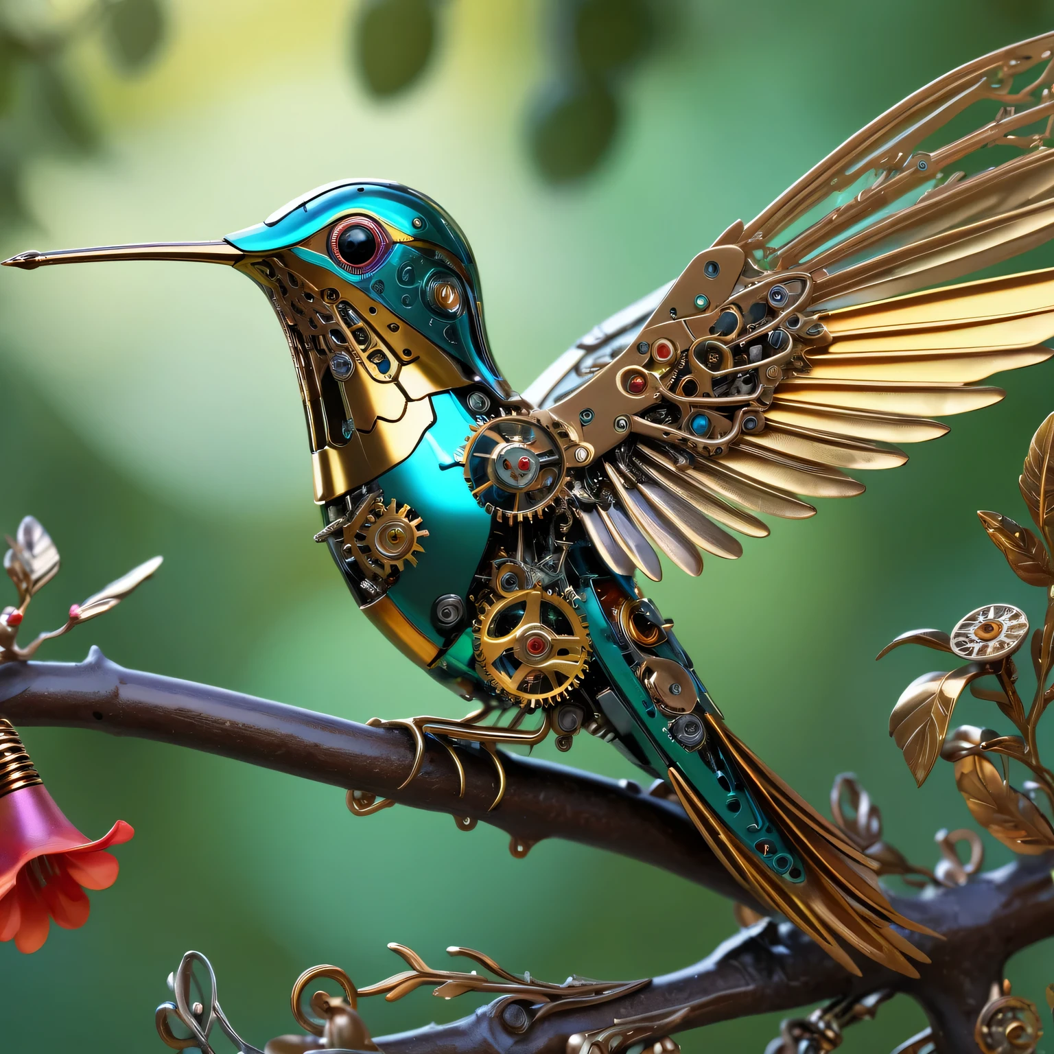 (best quality,4k,high resolution,masterpiece:1.2),(actual:1.37),Super detailed,macro lens,(Beautifully detailed metal mechanical hummingbird),on the branches,shiny metallic feathers, Complex gears, Exquisite mechanical wings, complex clockwork mechanism, bright colors, actual lighting