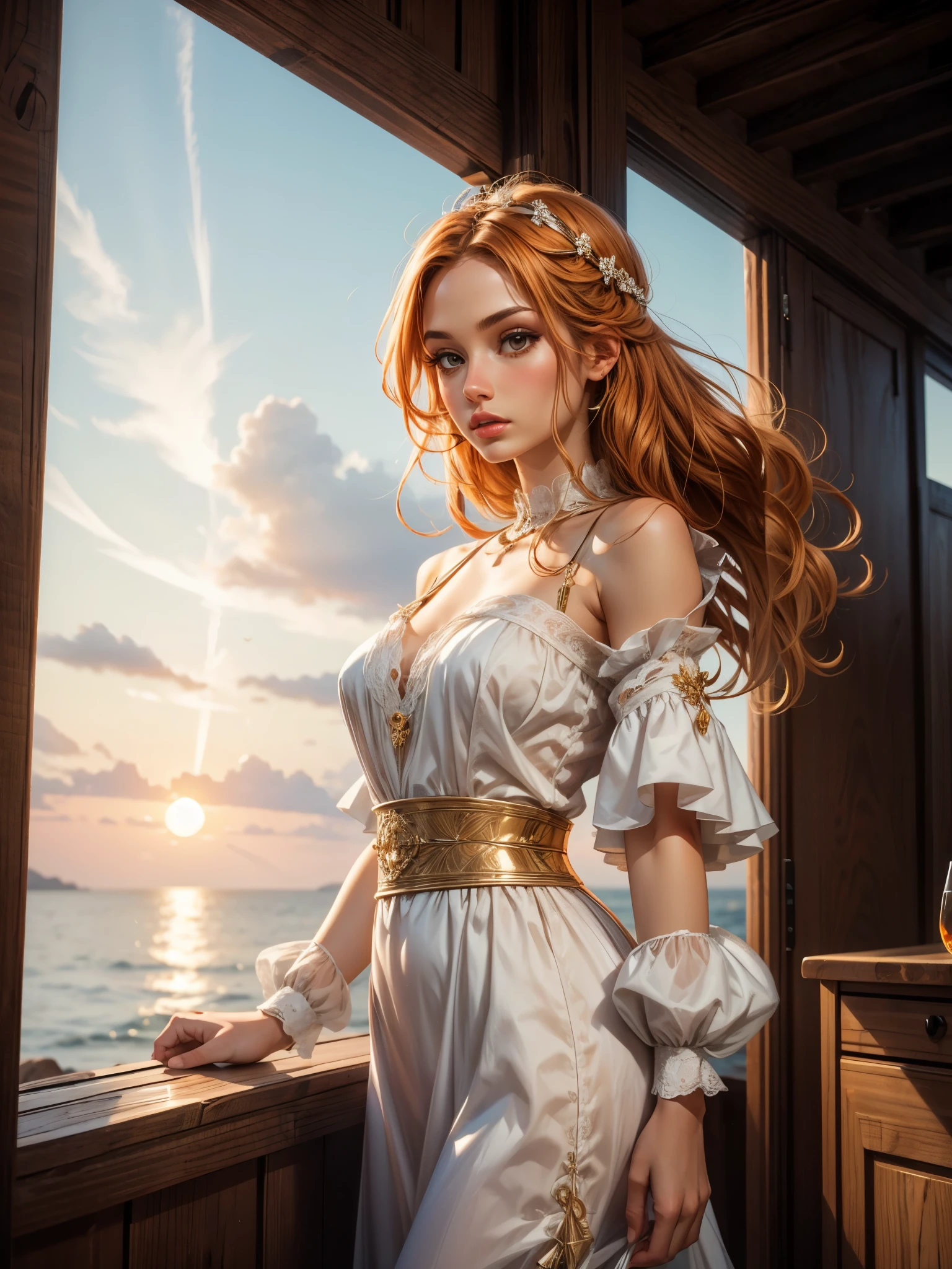 beautiful ginger women in detailed dress at cozy Yacht, air above hair, IPA award wining, masterpiece, at sunset