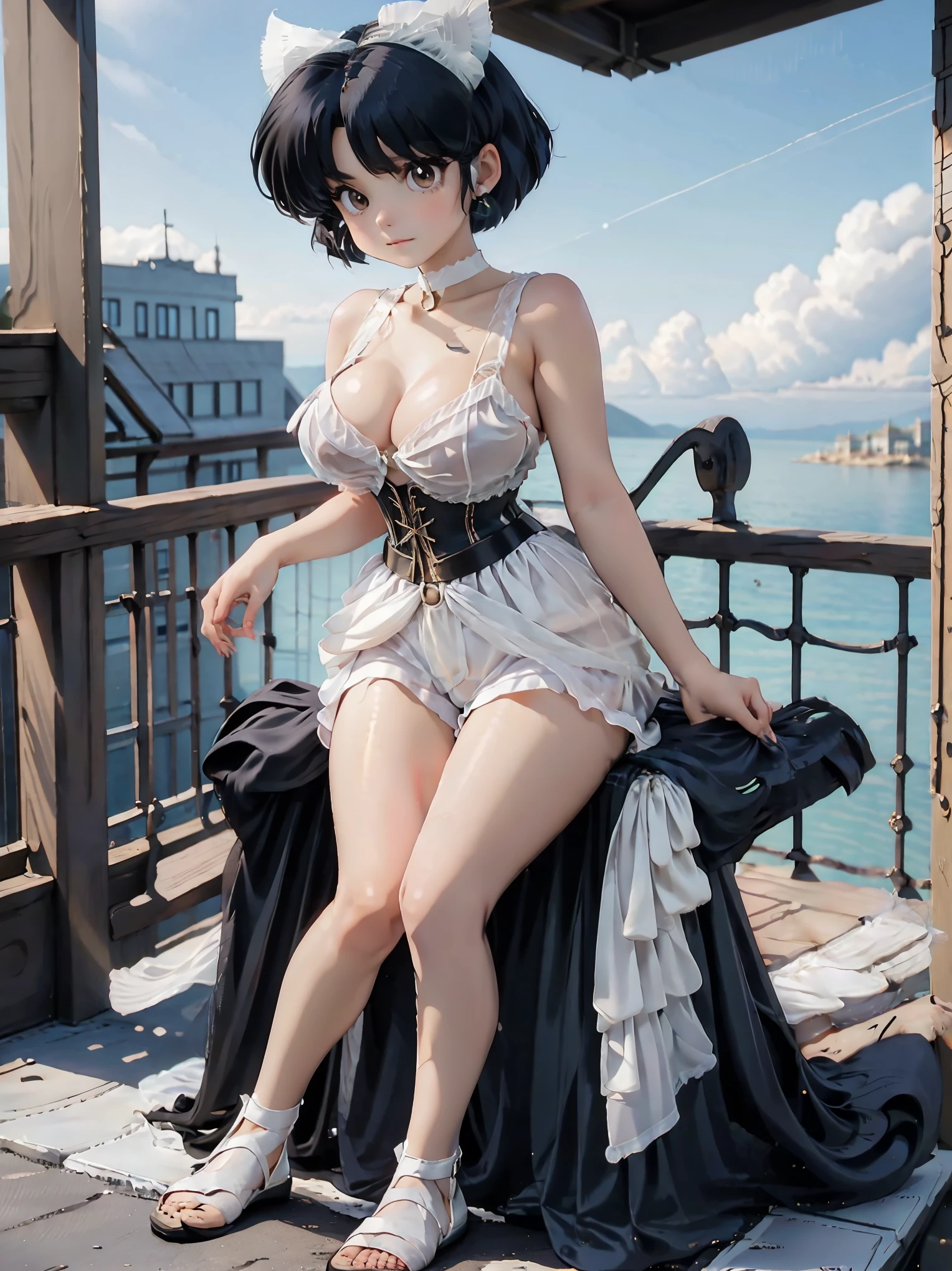 Anime girl with dark bluish hair in denim shorts and a latex corset, 16 years old, beautiful body, big breasts, with her hands on her waist, hands in her hair, Sexy girl, bluish hair, side strands of hair with a pink bow, strands of hair with a bow on the side of the face, beautiful lighting, soft shadows, brown eyes, beautiful toned legs, short hair, anime style, hand on the waist, hand in the hair, character Akane Tendo, Author Rumiko Takahashi, Based on a work by Rumiko Takahashi, Anime Ranma 1 / 2, sexy cleavage, robust hips, full body, full body, big bust, young girl with nice and beautiful body, sandals on her feet, girl 16 years young, wearing denim shorts and lstex corset, anime girl, anime style, beautiful feet in sandals, 45° viewing angle, outdoors, big breast, beautiful breasts, black hair, sandals on feet, beautiful legs, sexy, beautiful legs, Sandals, big breasts, full body, full body, feet with sandals, big bust