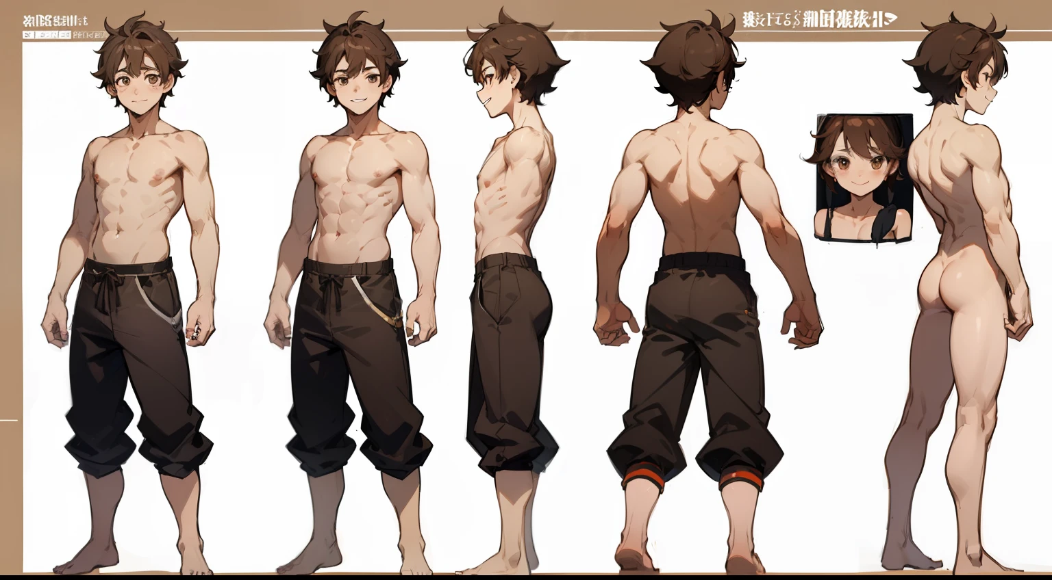 ((masterpiece)),(((best quality))),(character design sheet,same character,front,side,back), Reference sheet of a cute boy,shota, short brown hair, brown eyes, smiling, shirtless , tpose,turntable character,nude