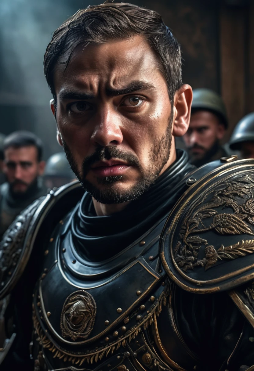 In a military conference room, a man dressed in black armor sits, his expression filled with fury. He passionately declares the need for a full-scale war against the demonic tribe. The rest of the attendees, visibly shocked and frightened, display a mix of astonishment and fear. The room is dimly lit, casting eerie shadows across the scene. The man's eyes gleam with determination, his lips contorted in anger. The high-resolution image captures every minute detail, enhancing the intensity and realism of the artwork. The military setting is complemented by the use of HDR (high-dynamic-range) imaging, accentuating the vibrant colors and creating a visually striking composition. The art style leans towards a realistic portrayal, with an emphasis on ultra-detailed character design and a sharp focus on facial expressions. The overall color scheme exhibits a subdued and somber palette, emphasizing the seriousness and gravity of the situation.