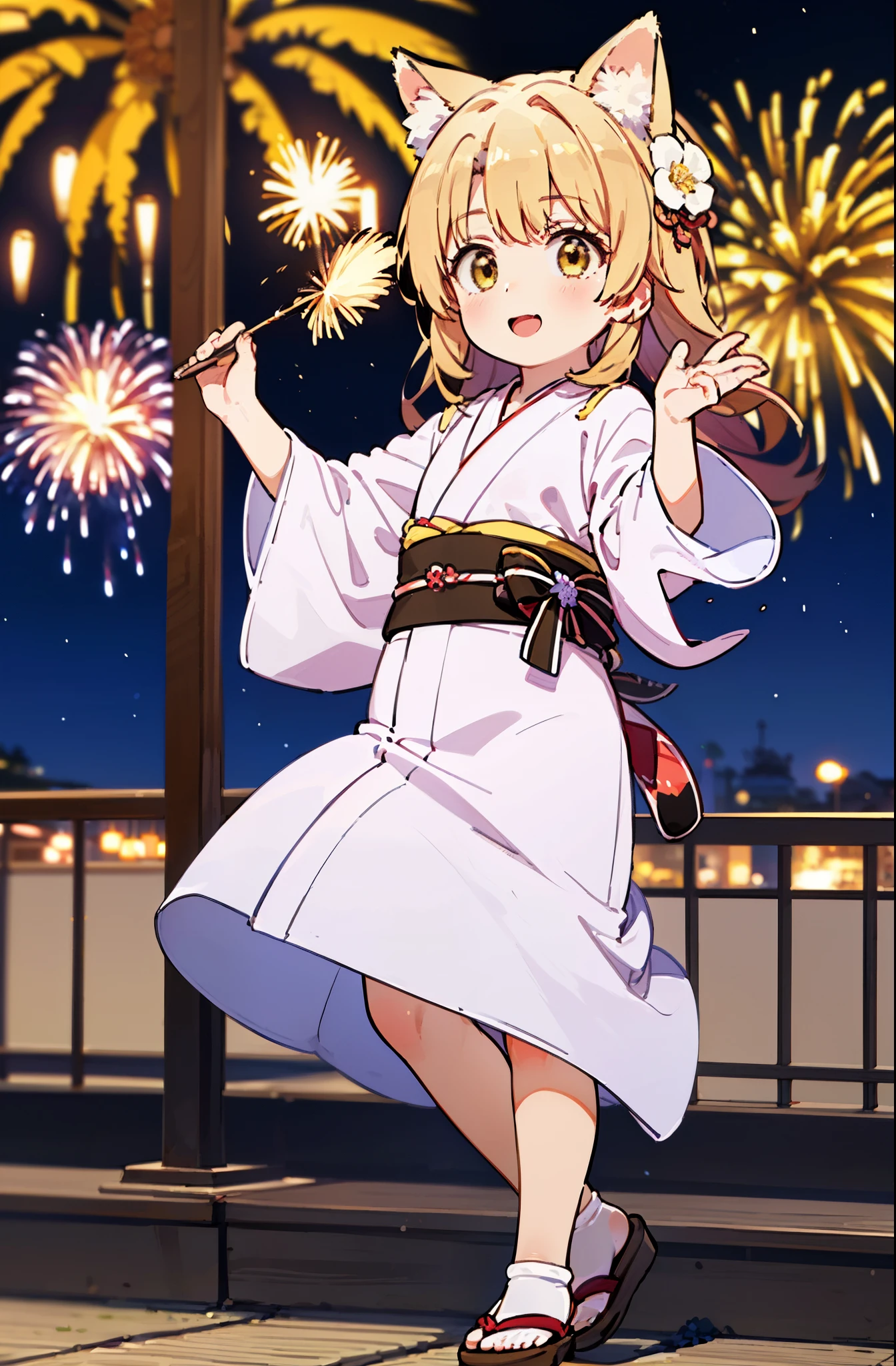 irohaisshiki, Isshiki Iroha, long hair, brown hair, (brown eyes:1.5), smile,animal ears fox ears,animal caudal fin fox tail,flower hair ornament,Yukata with yellow floral pattern,long skirt,Zori sandals,firework in the night sky,firework,The place is a firework display,Time is night,sunny day,So that the whole body is included in the illustration,
break outdoors, 神社
break looking at viewer,
break (masterpiece:1.2), highest quality, High resolution, unity 8k wallpaper, (figure:0.8), (beautiful deしっぽed eyes:1.6), extremely deしっぽed face, perfect lighting, extremely deしっぽed CG, (perfect hands, perfect anatomy),