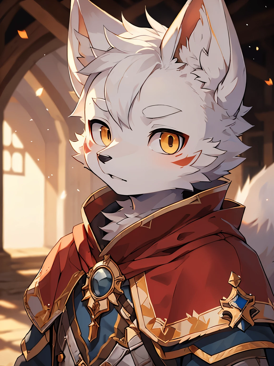 (best picture quality),(masterpiece),(((the only person))),(Super detailed),(male arctic fox:1.5), (white skin:1.3), hairy，(white fur:1.3),((golden pupils)) ,(gray ears),(hairy 动物 耳朵s)，((Dressed in medieval armor)，Soldiers of the Middle Ages，red cloak，natural lighting，complex background,Detailed face，details on face，Character focus，Detailed clothes，upper part of body，depth of field，lighting perfect，sharp focus，light particles，alone，Serious