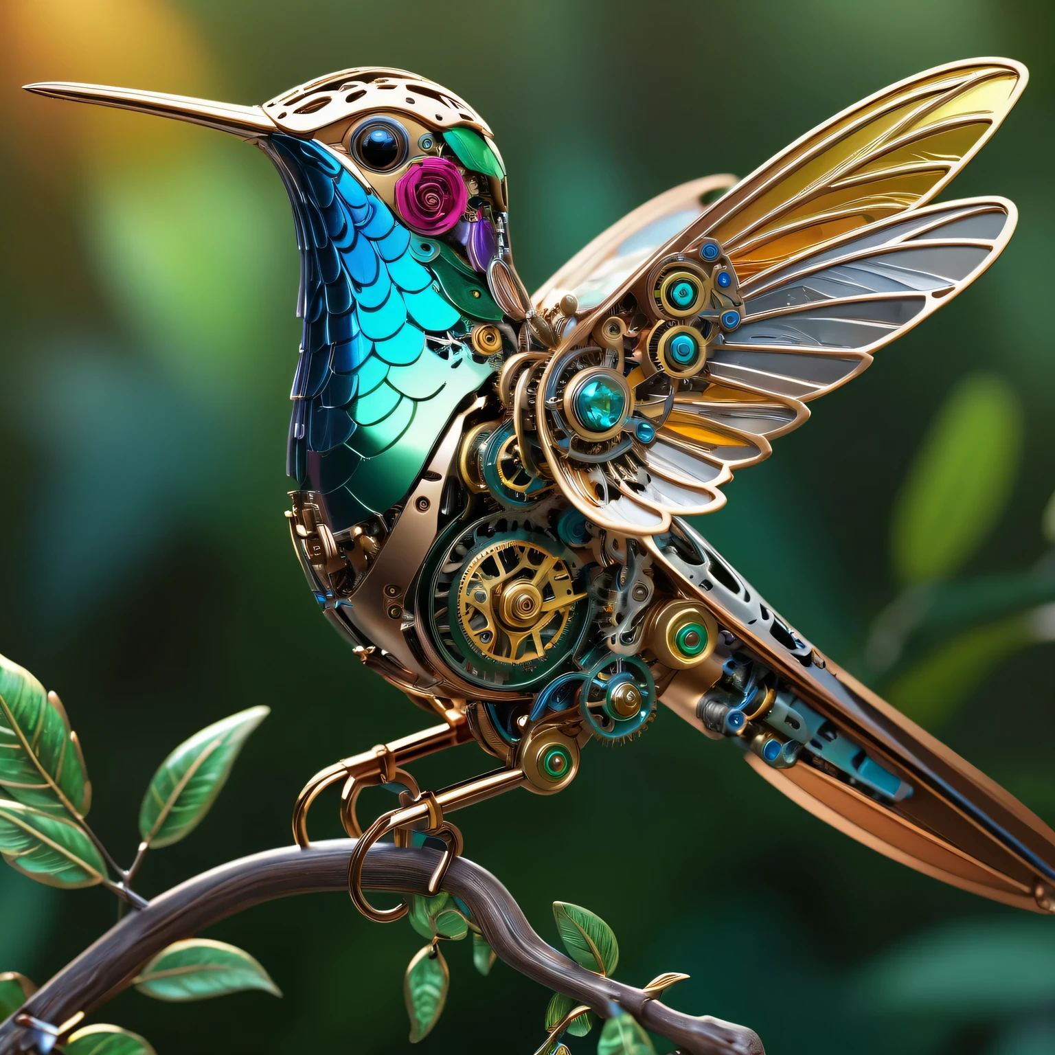 (best quality,4k,high resolution,masterpiece:1.2),(actual:1.37),Super detailed,(Beautifully detailed metal mechanical hummingbird),on the branches,shiny metallic feathers, Complex gears, Exquisite mechanical wings, complex clockwork mechanism, bright colors, actual lighting