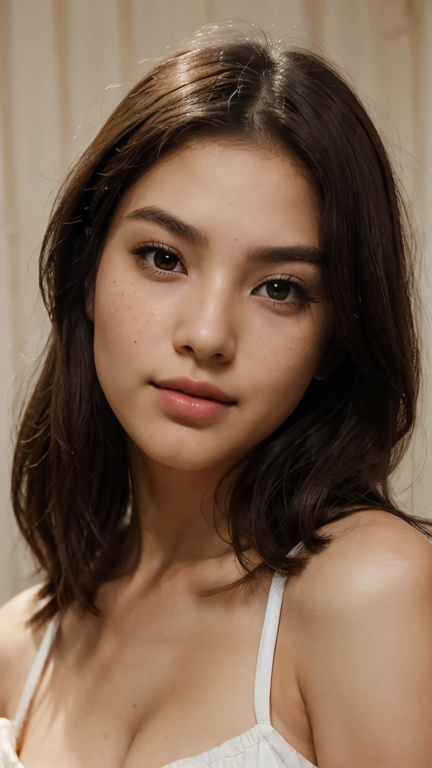 “A teenage of about 27 to 28year old Asian girl with fair skin and brown eyes is looking at the camera. Her almond-shaped eyes have a deep brown iris. She has a soft smile on her naturally pink lips and less dense eyebrows. Her hair is long and black. She has a chubby, oval-shaped face with high cheekbones and a medium-sized nose. Her skin has a natural glow, freckles, and a subtle blush. She is under soft lighting that highlights her skin texture. She is looking upwards, showing her long eyelashes. Her full lips have a natural gloss. She has various expressions, from surprise to laughter. A high-resolution image captures all her skin details. She is posing for a photoshoot with slight makeup, enhancing her natural beauty a little shine in her hair for clarity or texture even tone in skin highly detail photoshoot for the front face from a distance of about 1 to 1.5 metre with slight blush and face structure from urvashi rautela crystal clear skin with natural glow with highly detailing skin smooth texture reduce the amount of blackheads she is having apply her pink lip gloss more detailing like 8k image make mos bone smooth dtailed photoshoot from right side and front side of the face same face bt the angle of photoshoot of this model should be from right side and frot side