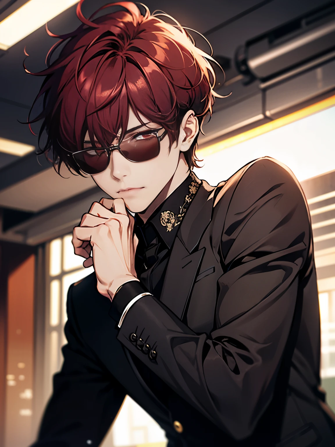(ultra-detailed, perfect pixel, highres, best quality, beautiful eyes finely detailed), male, Short hair, Part bangs, Maroon hair, light red eyes, black suit, sunglass, modern, commander, motion blur, 8k, super detail, accurate, best quality.
