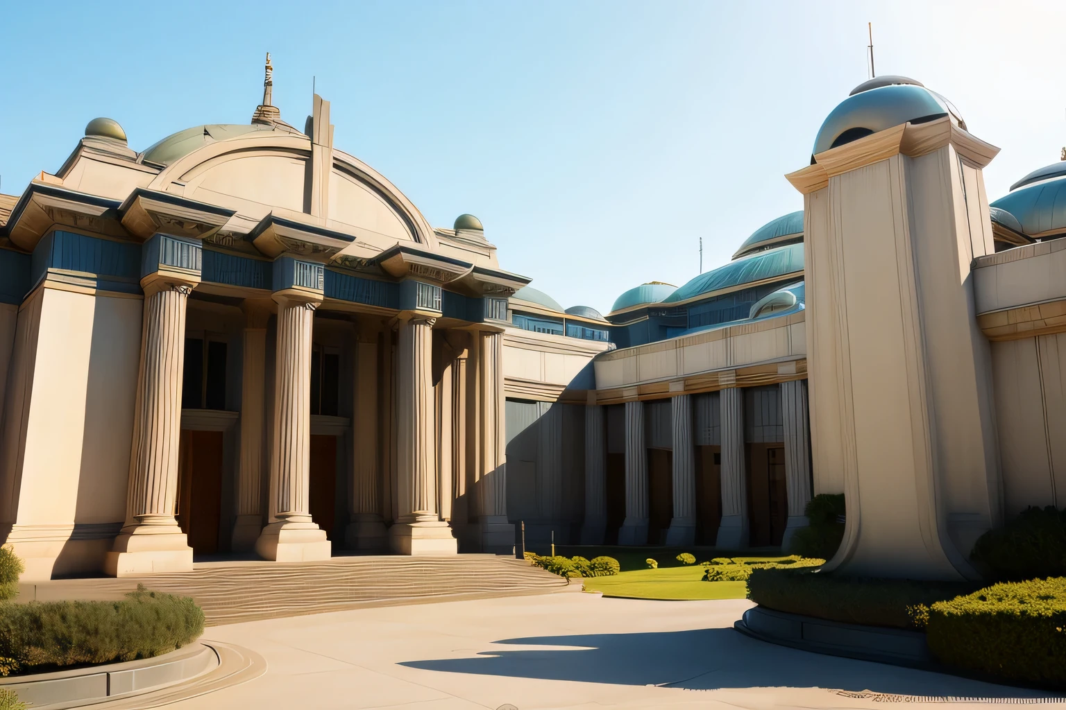 Futuristic university, utopia, clean, classic architecture, neo-classical style, beautiful plants, clear skies