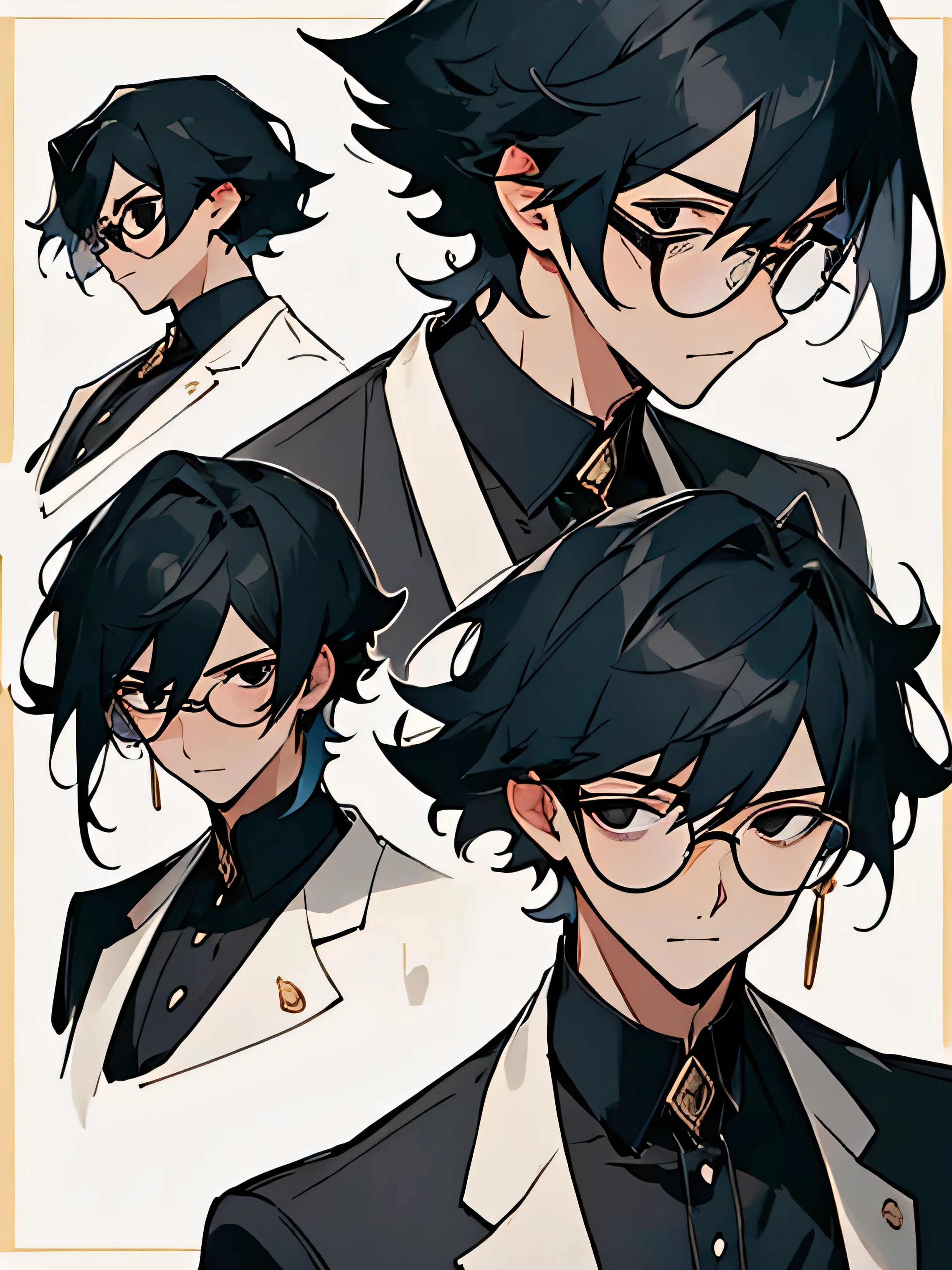 ((best quality)), ((Masterpiece)), (details), perfect face, man, black hair, short hair, black waiter shirt, black eyes, Classy glasses