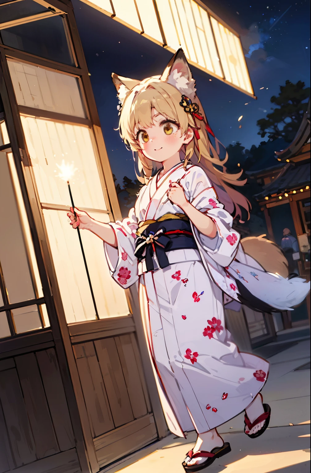 irohaisshiki, Isshiki Iroha, long hair, brown hair, (brown eyes:1.5), smile,animal ears fox ears,animal caudal fin fox tail,flower hair ornament,Yukata with yellow floral pattern,long skirt,Zori sandals,firework in the night sky,firework,The place is a firework display,Time is night,sunny day,So that the whole body is included in the illustration,
break outdoors, 神社
break looking at viewer,
break (masterpiece:1.2), highest quality, High resolution, unity 8k wallpaper, (figure:0.8), (beautiful deしっぽed eyes:1.6), extremely deしっぽed face, perfect lighting, extremely deしっぽed CG, (perfect hands, perfect anatomy),