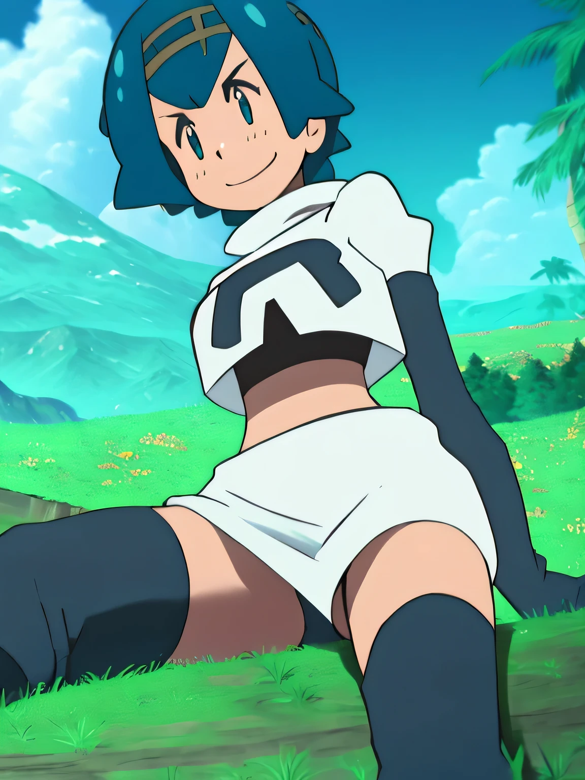 view of the valley, with grass, team rocket uniform, red letter r, white skirt,white crop top,black thigh-high boots, black elbow gloves, evil smile, looking down at viewer, hands on hips, spread legs, from below, panties
