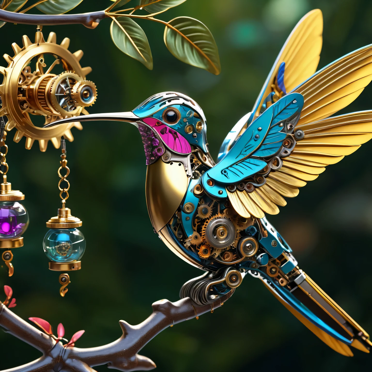 (best quality,4k,high resolution,masterpiece:1.2),(actual:1.37),Super detailed,macro lens,(Beautifully detailed metal mechanical hummingbird),on the branches,shiny metallic feathers, Complex gears, Exquisite mechanical wings, complex clockwork mechanism, bright colors, actual lighting