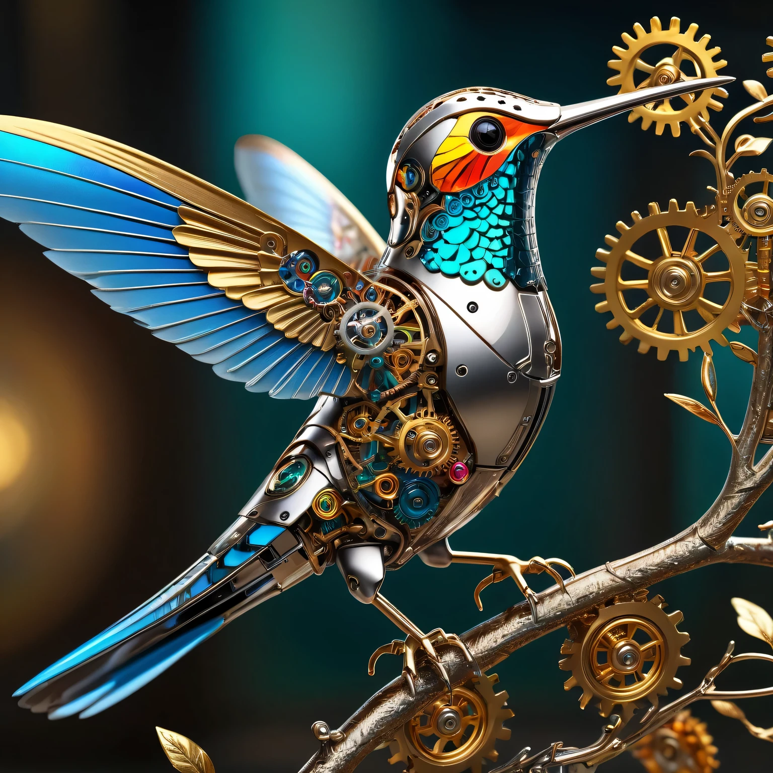 (best quality,4k,high resolution,masterpiece:1.2),(actual:1.37),Super detailed,(Beautifully detailed metal mechanical hummingbird),on the branches,shiny metallic feathers, Complex gears, Exquisite mechanical wings, complex clockwork mechanism, bright colors, actual lighting
