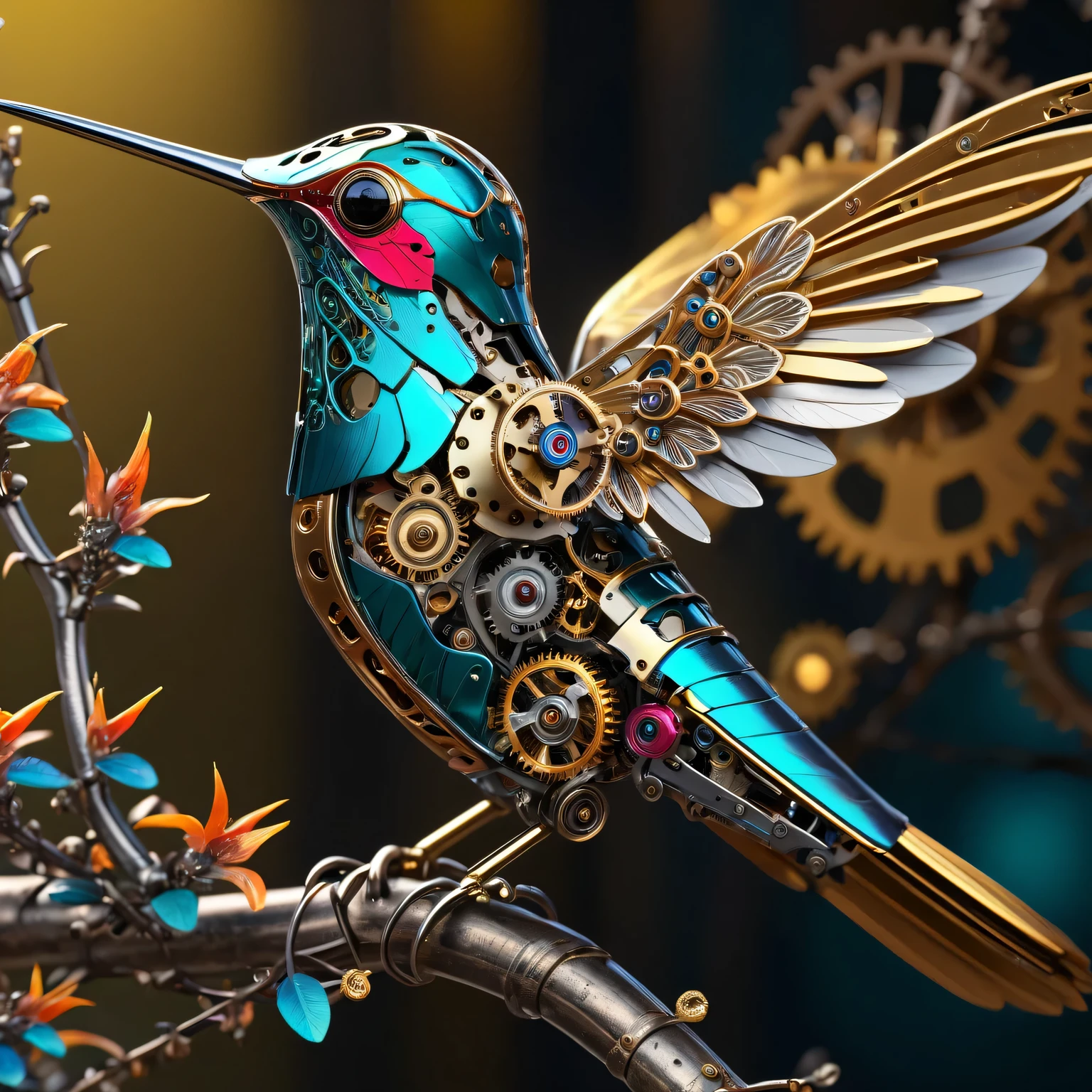 (best quality,4k,high resolution,masterpiece:1.2),(actual:1.37),Super detailed,macro lens,(Beautifully detailed metal mechanical hummingbird),on the branches,shiny metallic feathers, Complex gears, Exquisite mechanical wings, complex clockwork mechanism, bright colors, actual lighting