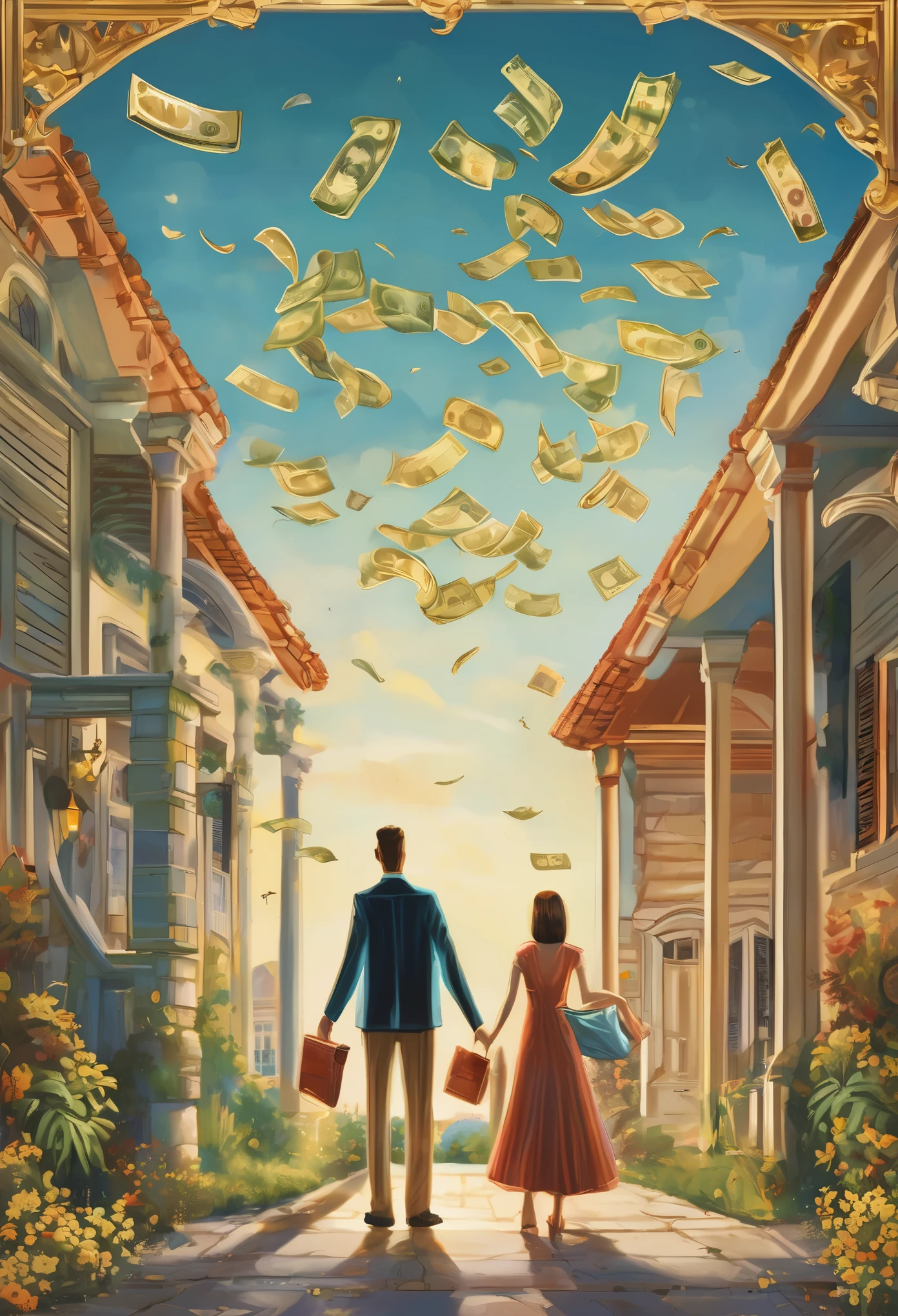 Illustration of money overflowing with abundance, The back of a man in his 40s with his arms spread out toward the sky, his elegant wife and three children next to him., Agreeable, elite team, australia, nice house