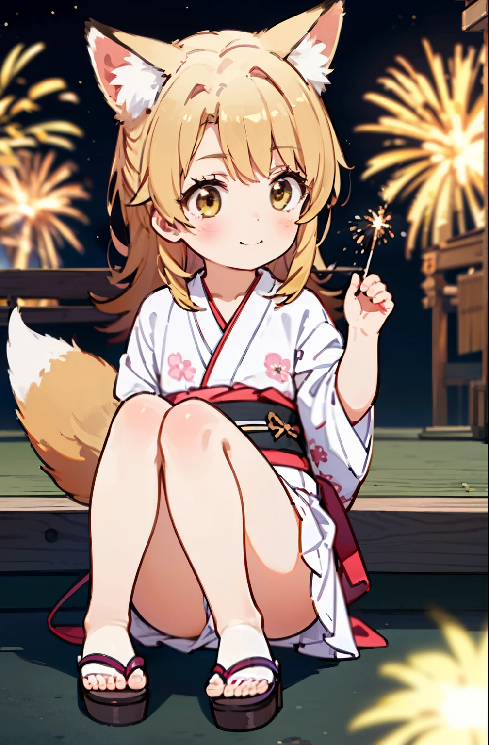 irohaisshiki, Isshiki Iroha, long hair, brown hair, (brown eyes:1.5), smile,animal ears　fox ears,animal caudal fin　fox tail,flower hair ornament,Yukata with yellow floral pattern,long skirt,Zori sandals,firework in the night sky,firework,The place is a firework display,Time is night,sunny day,So that the whole body is included in the illustration,
break outdoors, 神社
break looking at viewer,
break (masterpiece:1.2), highest quality, High resolution, unity 8k wallpaper, (figure:0.8), (beautiful deしっぽed eyes:1.6), extremely deしっぽed face, perfect lighting, extremely deしっぽed CG, (perfect hands, perfect anatomy),