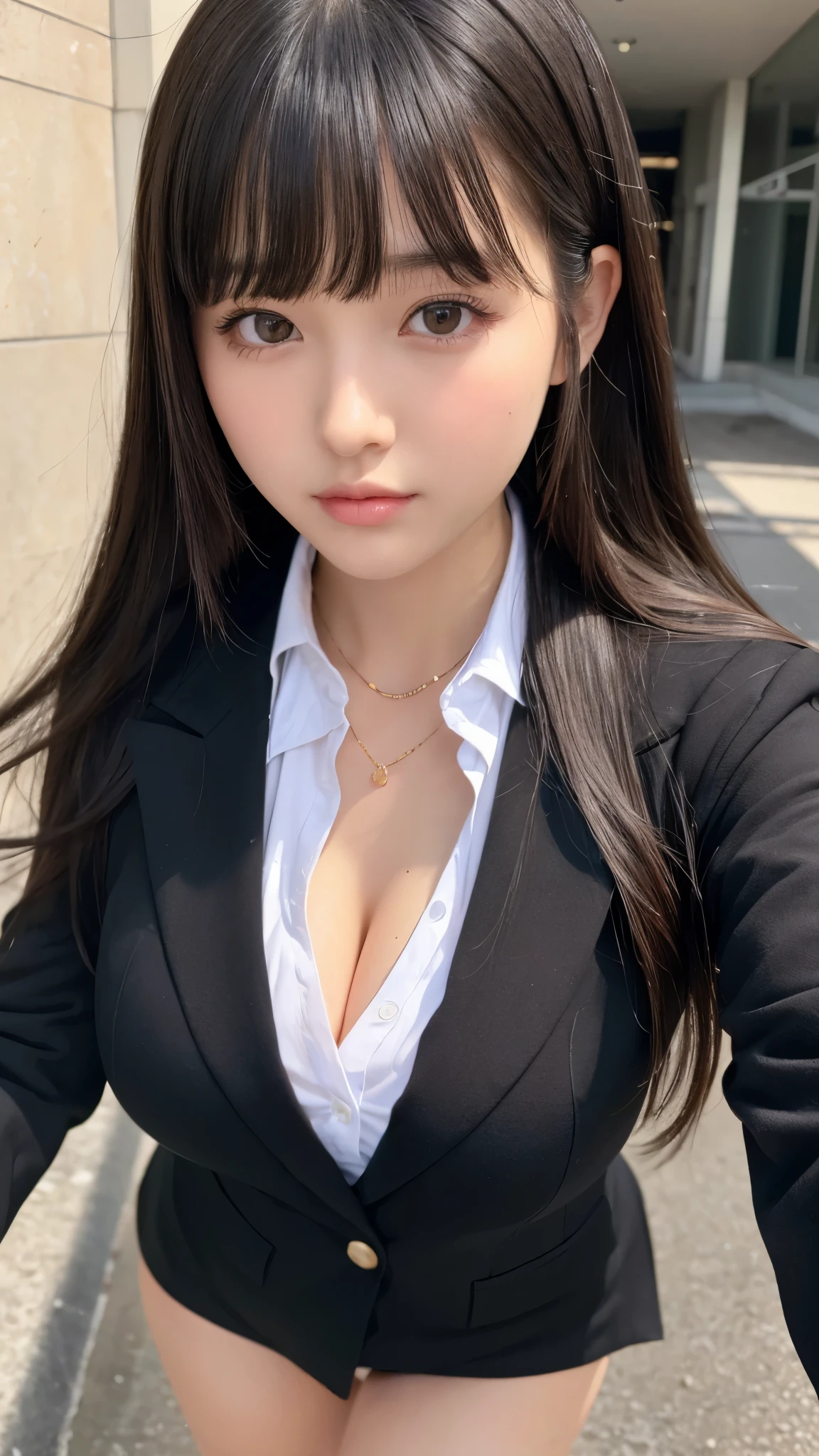 ((best quality)), ((muste piece)), (detailed face), (highlight), Emphasizes large breasts、young girl、blunt bangs、black hair、blazer and miniskirt