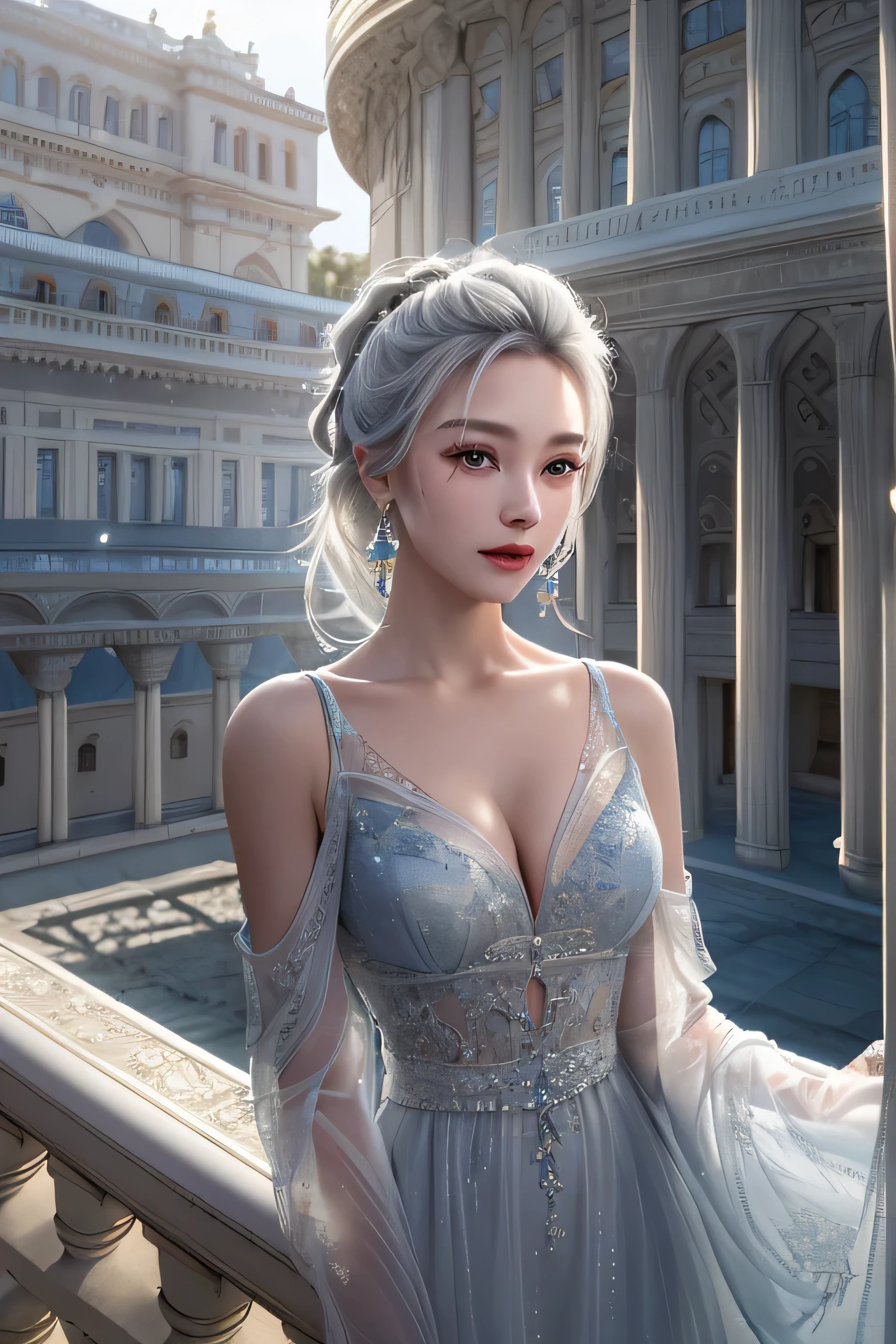 (Woman standing on balcony of palace),(highest quality, masterpiece:1.2), ultra high resolution, realistic, front light, intricate details, Exquisite detail and texture, 1 girl, alone ,(young), facial highlights, Upper body, detailed face, Tears mole, 白 skin, silver hair, ponytail, braid hair, looking at the viewer, blue big eyes, (Off-shoulder sheer white long dress), earrings,medium sized breasts, because I'thin, luxury room, professional lighting, photon mapping, radio city, Physically based rendering,(Old European castles are hazy in the background),Backlight、(I can see the silhouette of the body)