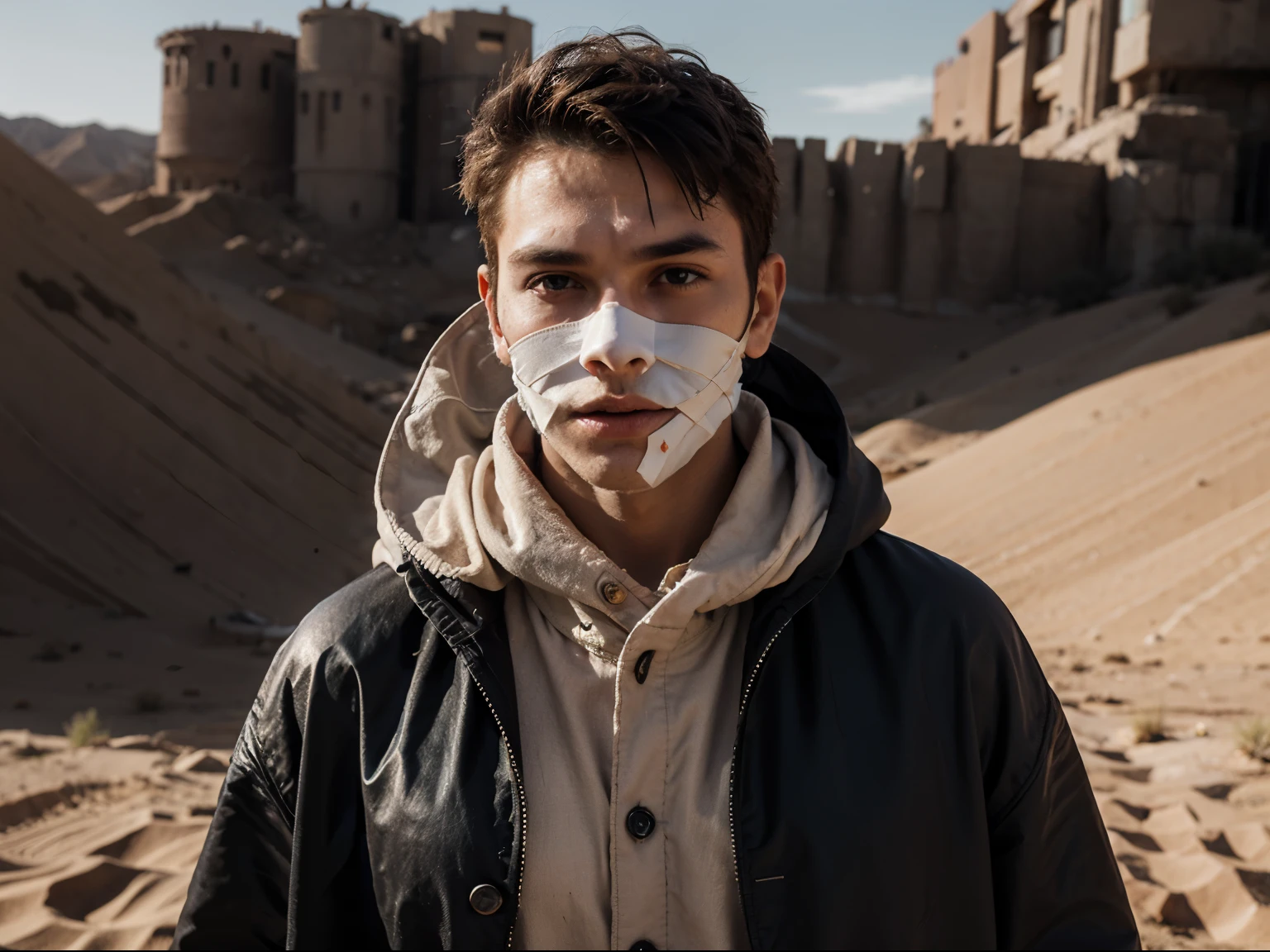portrait of a young male traveler with his face covered with a futuristic bandage, dressed in desert clothes - cloak and robe, with expressive eyes and red youth hairstyle. With a touch of apocalypse and madmax