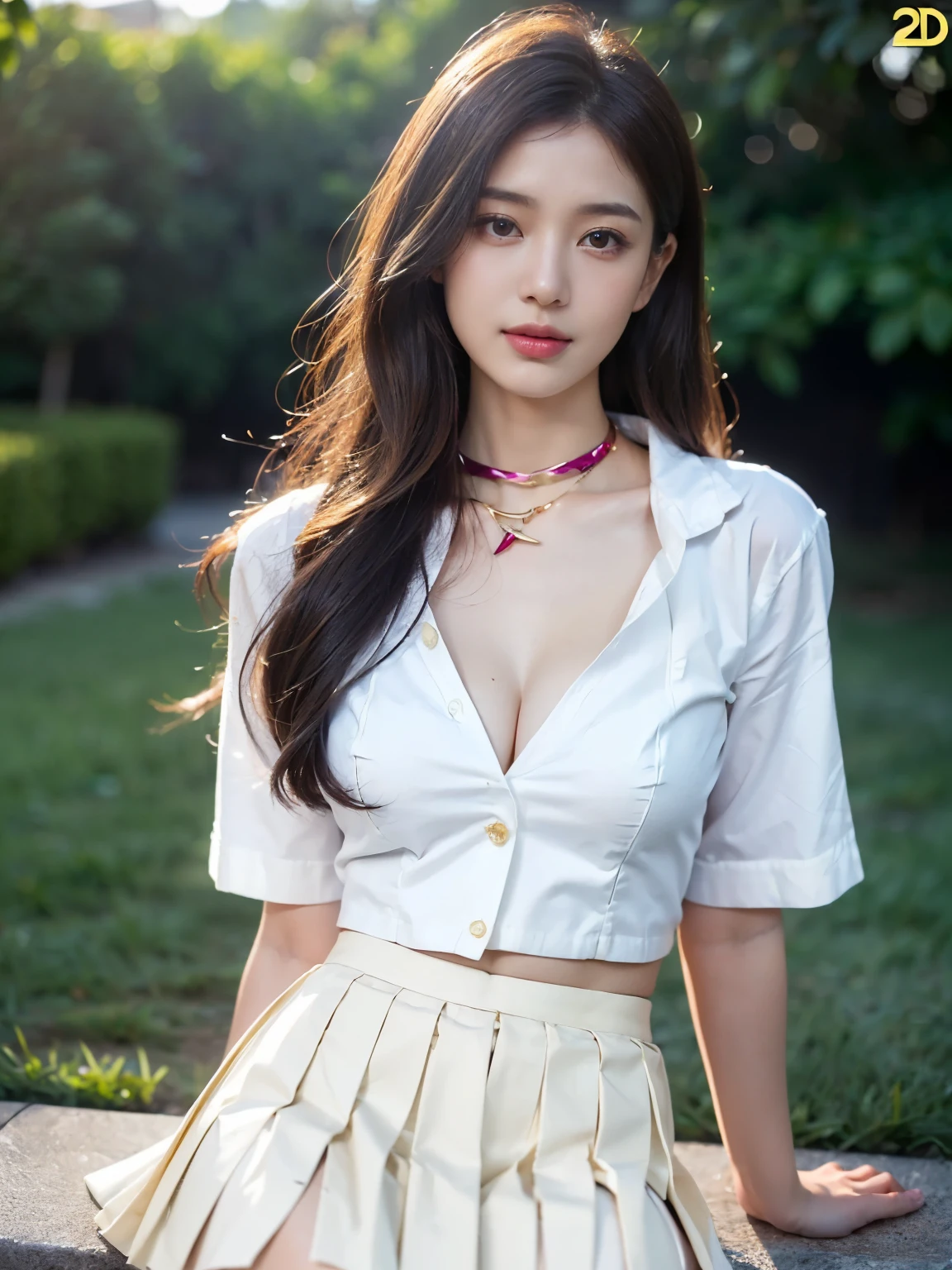 ((((highest quality))))、(((Ultra-precision CG16K wallpaper)))、(((masterpiece)))、(((Super detailed)))、(((super extreme details)))、1people's women、mature woman、24 year old woman、((Japanese face))、((very beautiful face))、((Zuo々Ki Nozomi:1.5))、((Soft wave semi-long hair))、(shiny hair)、bangs up to eyebrows、beautiful brown hair、beautiful delicate eyes、brown eyes、raised eyebrows、high nose、small nostrils、small mouth、seductive lipouth slightly open、beautiful breasts、((C cup size breasts))、cleavage、plump body、(Chubby body type)、perfect proportions、perfect anatomy、perfect composition、beautiful detailed shading、beautiful natural lighting、beautiful detail glow、Depth of the bounds written、soft focus、(((High chroma)))、(((real:1.9)))、((vivid:1.4))、((beautiful skin))、((skin texture))、((realな皮膚感))、(((cowboy shot、Thigh:1.5)))、((Angle seen from the front:1.5))、((smile:1.3))、(Eyes looking at me:1.5)、bright sunshine、(((lawn square:1.3)))、(model pose:1.5)、(((Wearing white open collar shirt、White pleated miniskirt clothing:1.6)))、((wearing gold necklace:1.6))、