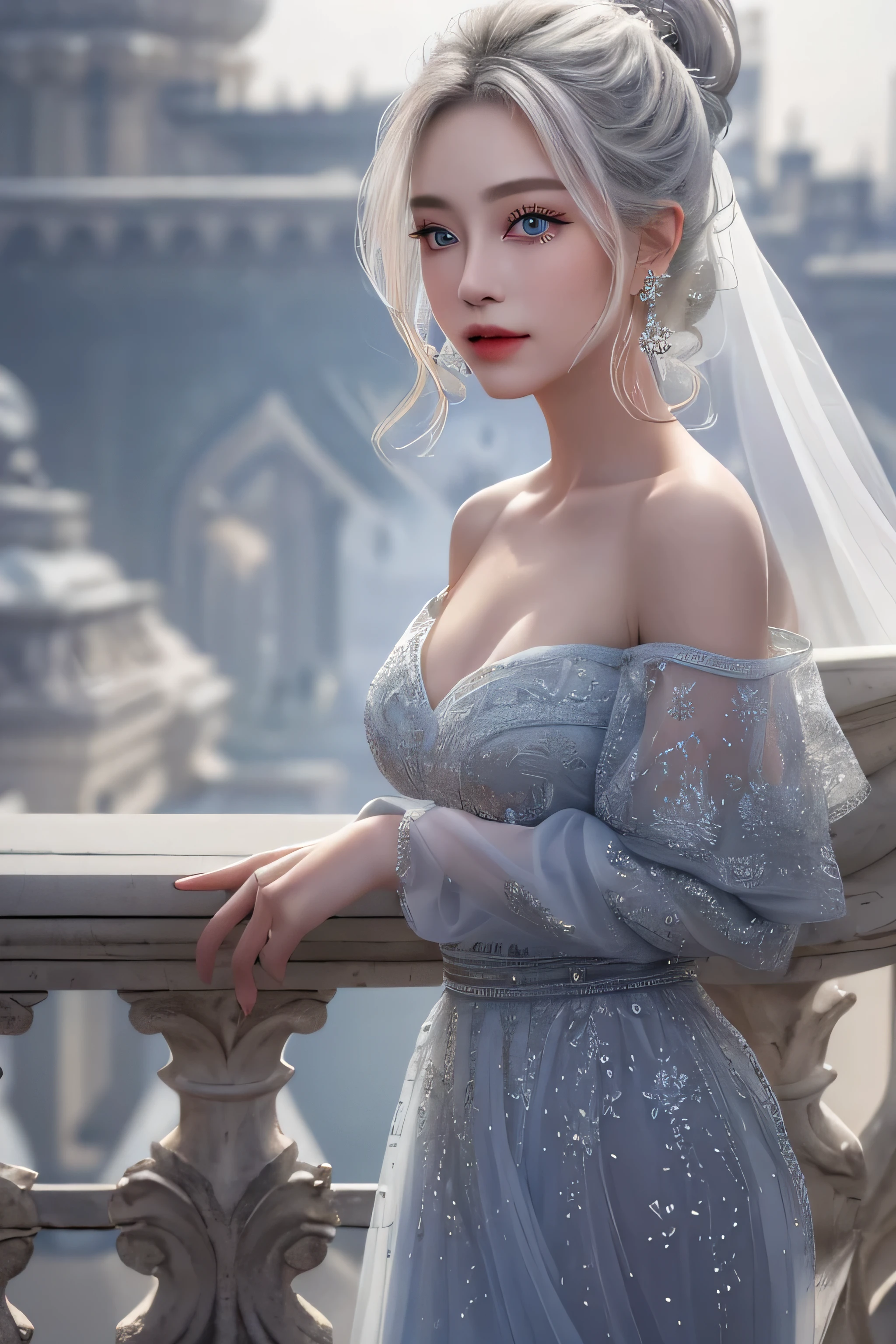 (Woman standing on balcony of palace),(highest quality, masterpiece:1.2), ultra high resolution, realistic, front light, intricate details, Exquisite detail and texture, 1 girl, alone ,(young), facial highlights, Upper body, detailed face, Tears mole, 白 skin, silver hair, ponytail, braid hair, looking at the viewer, blue big eyes, (Off-shoulder sheer white long dress), earrings,medium sized breasts, because I'thin, luxury room, professional lighting, photon mapping, radio city, Physically based rendering,(Old European castles are hazy in the background),Backlight、(I can see the silhouette of the body)