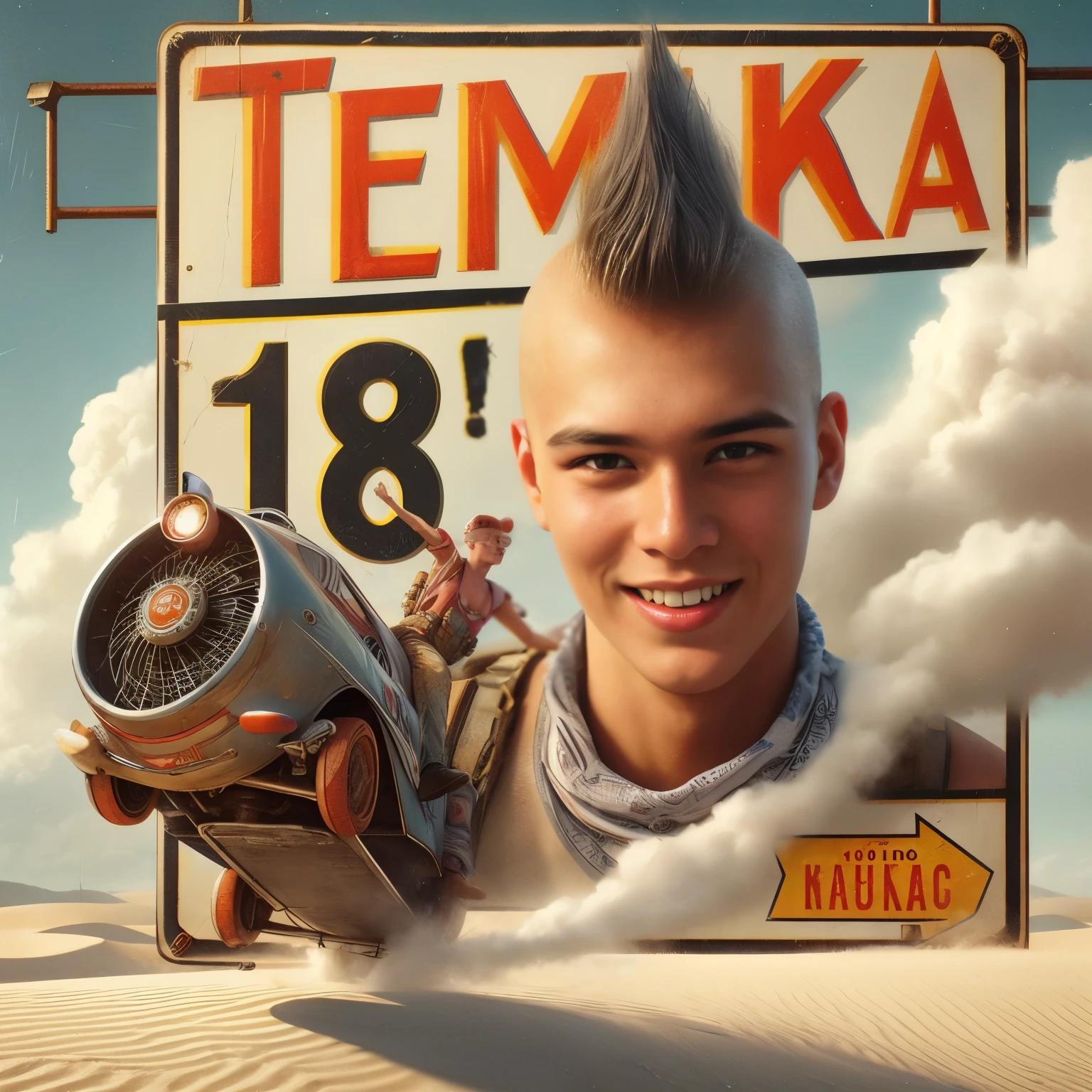 Retro birthday poster, title "TEMKA - 18!", vietnam, white sand dunes, man, 18 year old, Caucasian, beach wear, happy, skinhead, flying up in air on futuristic steampunk surfboard, looking at camera, steam clouds, photorealistic, masterpiece, trending on artstation 4k, 8k, HD, Eye-Level Shot,