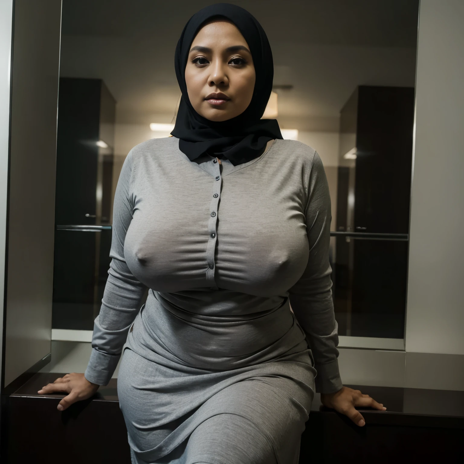 56 years Old, Hijab Indonesian mature woman, Massive Large Breast, (Shirt), curvy body, Lustfull Expression, at doctor office, Dark light, at Night time, Full Body Shot, Depth Of Filed, Canon D7000, 2048P, 128K HD Photo.