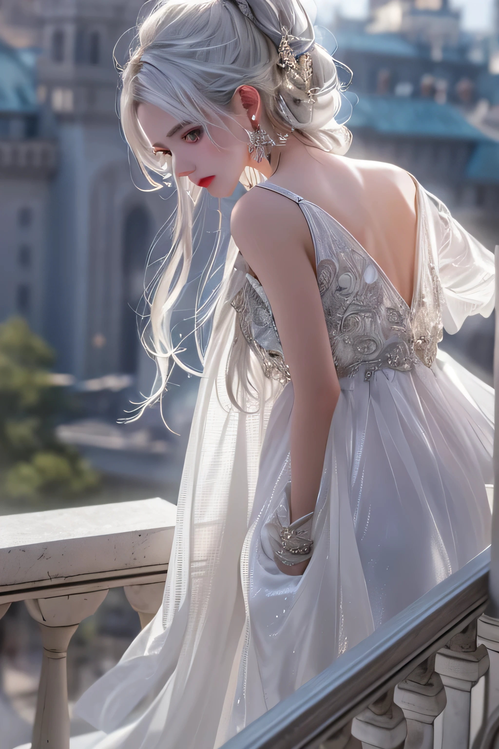 (girl standing on the balcony of the palace),(highest quality, masterpiece:1.2), ultra high resolution, realistic, front light, intricate details, Exquisite detail and texture, 1 girl, alone ,(young), facial highlights, Upper body, detailed face, Tears mole, 白 skin, silver hair, ponytail, braid hair, looking at the viewer, blue big eyes, (Off-shoulder sheer white long dress), earrings,medium sized breasts, because I'thin, luxury room, professional lighting, photon mapping, radio city, Physically based rendering,(Old European castles are hazy in the background),Backlight、(I can see the silhouette of the body)