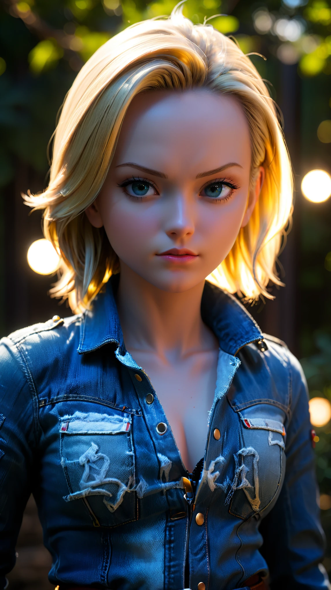 (chiaroscuro,Ray tracing),Ridiculous, Beautiful Android18DB portrait, alone, denim, belt, Outdoor activities, Volumetric lighting, Tone mapping, sharp focus