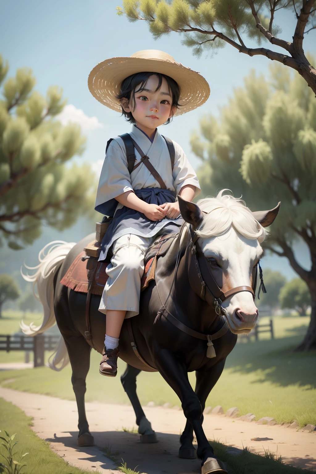 Lively and cute little shepherd boy，Asian faces，Riding a bull，only 3、4 years，big eyes，small mouth，Smile sweet and cute，Wearing gray and white coarse cloth，Chinese Hanfu，Thick gray-blue shoes，sitting on bull，There is a willow tree behind him，Close-up shot，full-body shot，3 rendering，Hyperrealistic 8k