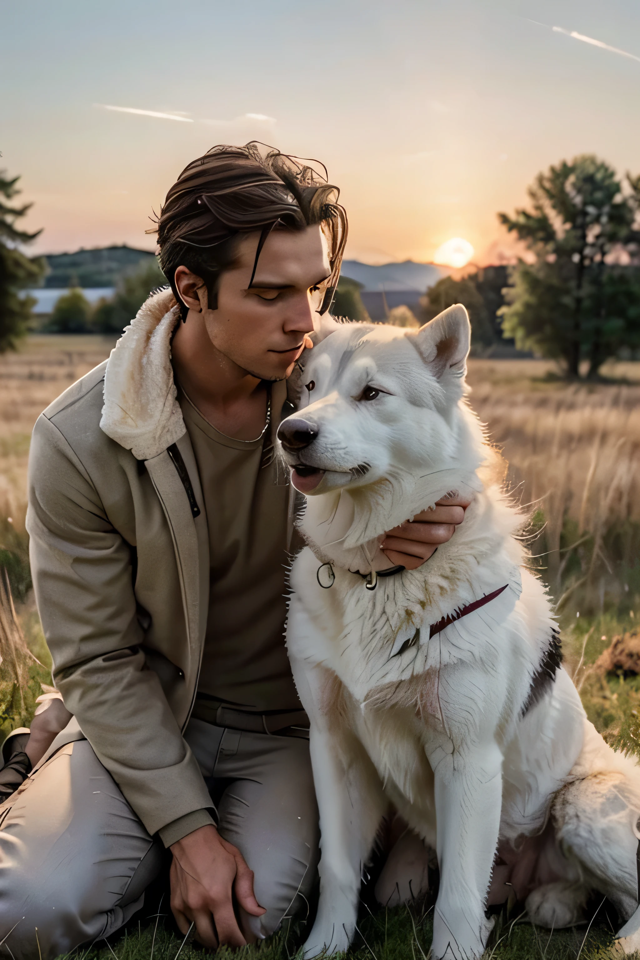 when the sun sets on the grassland, A male model takes a break with his white husky. The model's rugged face is softened by the gentle presence of his canine companion, Their connection is evident in the way they lean on each other. The warm colors of the sky and the cool tones of the husky's fur create a beautiful contrast in this peaceful scene.
