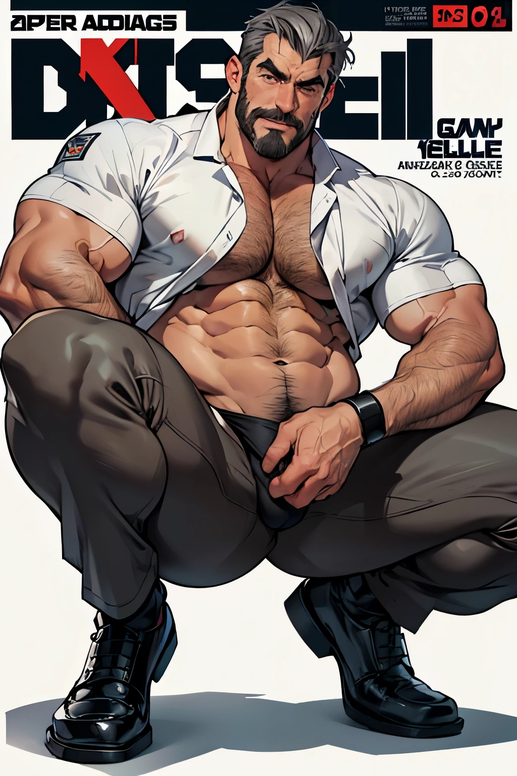 absurderes, hight resolution, 1male people, full body visible (Magazine covers:1.2), Yaoi(bara) , Stubble,clothes down, matured male, ruggedly handsome face(Tom Selleck), dark eyes, mustache, old face, beefy,thick dark eyebrow, thick eyebrows, Male Focus, designed beard、(wearing white thong), big bulging crotch, big crotch, latex, police uniform, squatting with legs open, Detailed body,Ultra-detailed eyes,hyperdetailed face,(Gray hair:1.2),(All Back Hair:1.2)、(Very short hair:1.2),(hyper pecs:1.5),Open Claus,(Soft smile:1.2),Perfect ligthing,(flexing one arm proudly:1.2)