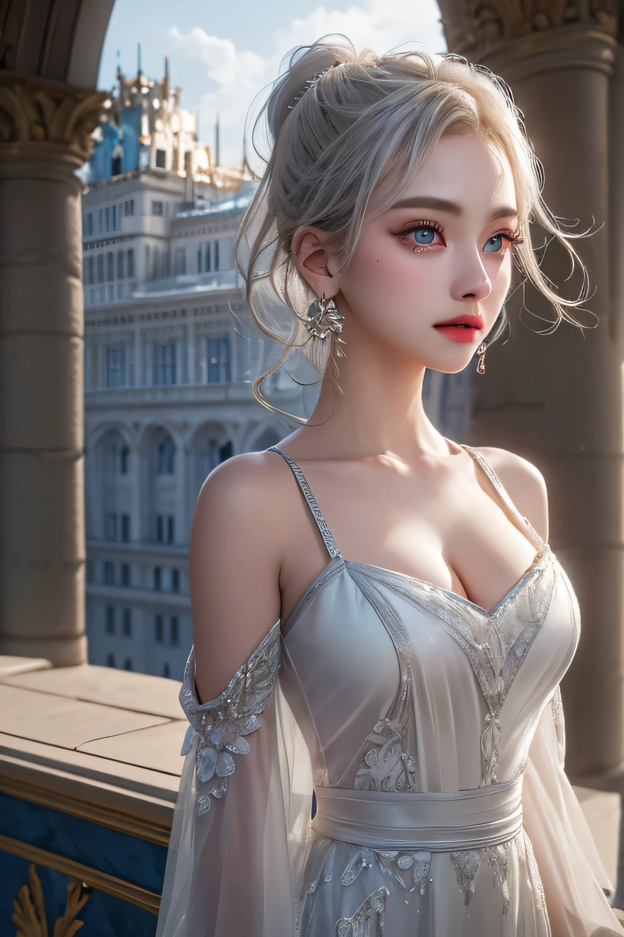 (girl standing on the balcony of the palace),(highest quality, masterpiece:1.2), ultra high resolution, realistic, front light, intricate details, Exquisite detail and texture, 1 girl, alone ,(young), facial highlights, Upper body, detailed face, Tears mole, 白 skin, silver hair, ponytail, braid hair, looking at the viewer, blue big eyes, (Off-shoulder sheer white long dress), earrings,medium sized breasts, because I&#39;thin, luxury room, professional lighting, photon mapping, radio city, Physically based rendering,(Old European castles are hazy in the background),Backlight、(I can see the silhouette of the body)