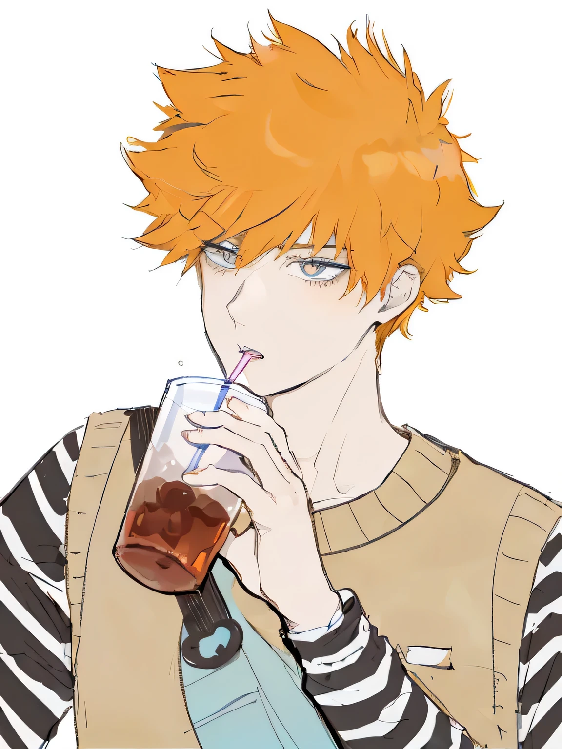Cartoon boy with straw and striped shirt drinking drink, Orange haired anime boy, Ichigo kurosaki, Ichigo, Kentaro Miura manga art style, author：Middle school students, Lingchang, by KamYesaka Sekka, Kentaro Miura!, Tall anime character with blue eYes, Yes ((drink a tea))