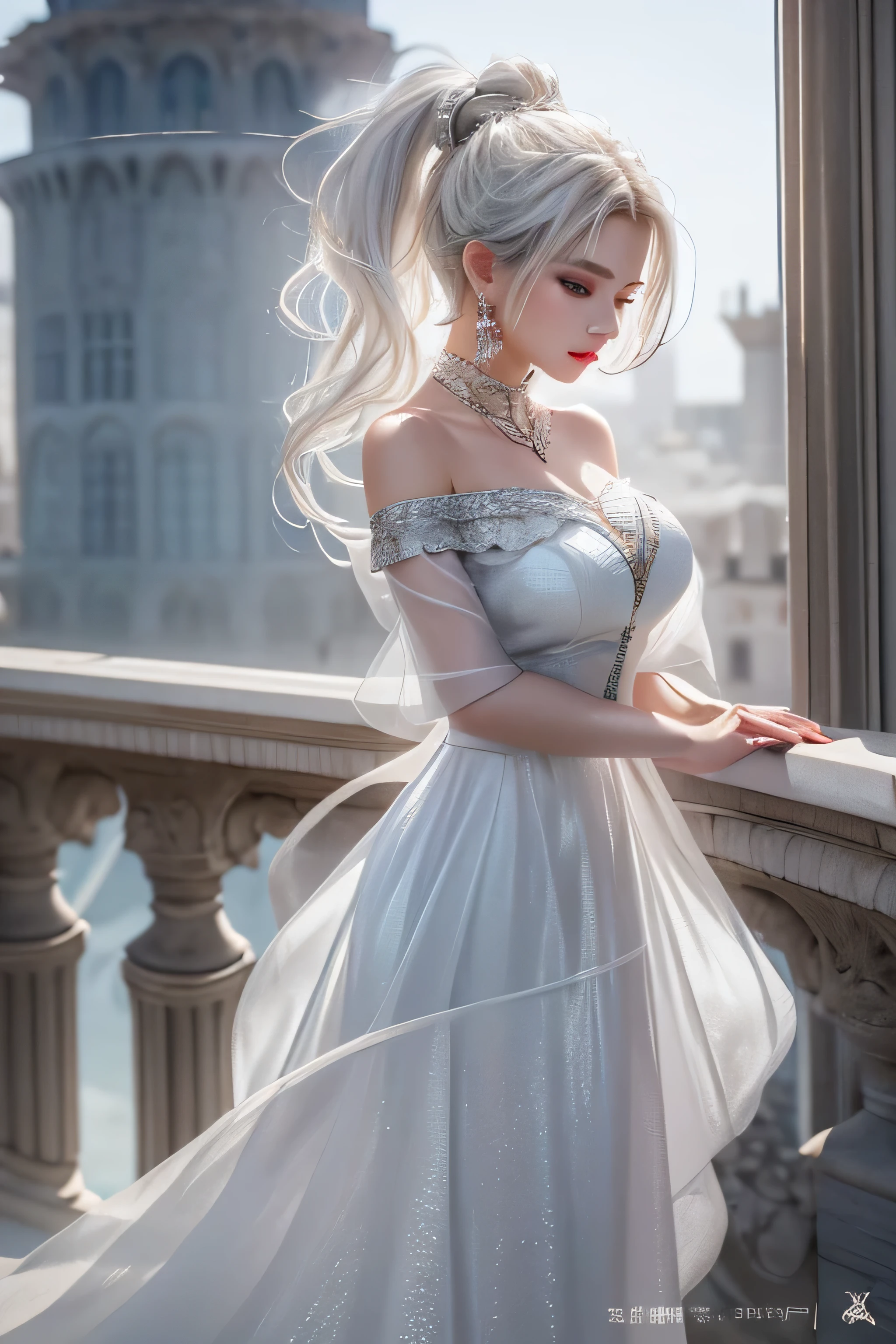 (girl standing on the balcony of the palace),(highest quality, masterpiece:1.2), ultra high resolution, realistic, front light, intricate details, Exquisite detail and texture, 1 girl, alone ,(young), facial highlights, Upper body, detailed face, Tears mole, 白 skin, silver hair, ponytail, braid hair, looking at the viewer, blue big eyes, (Off-shoulder sheer white long dress), earrings,medium sized breasts, because I'thin, luxury room, professional lighting, photon mapping, radio city, Physically based rendering,(Old European castles are hazy in the background),Backlight、(I can see the silhouette of the body)