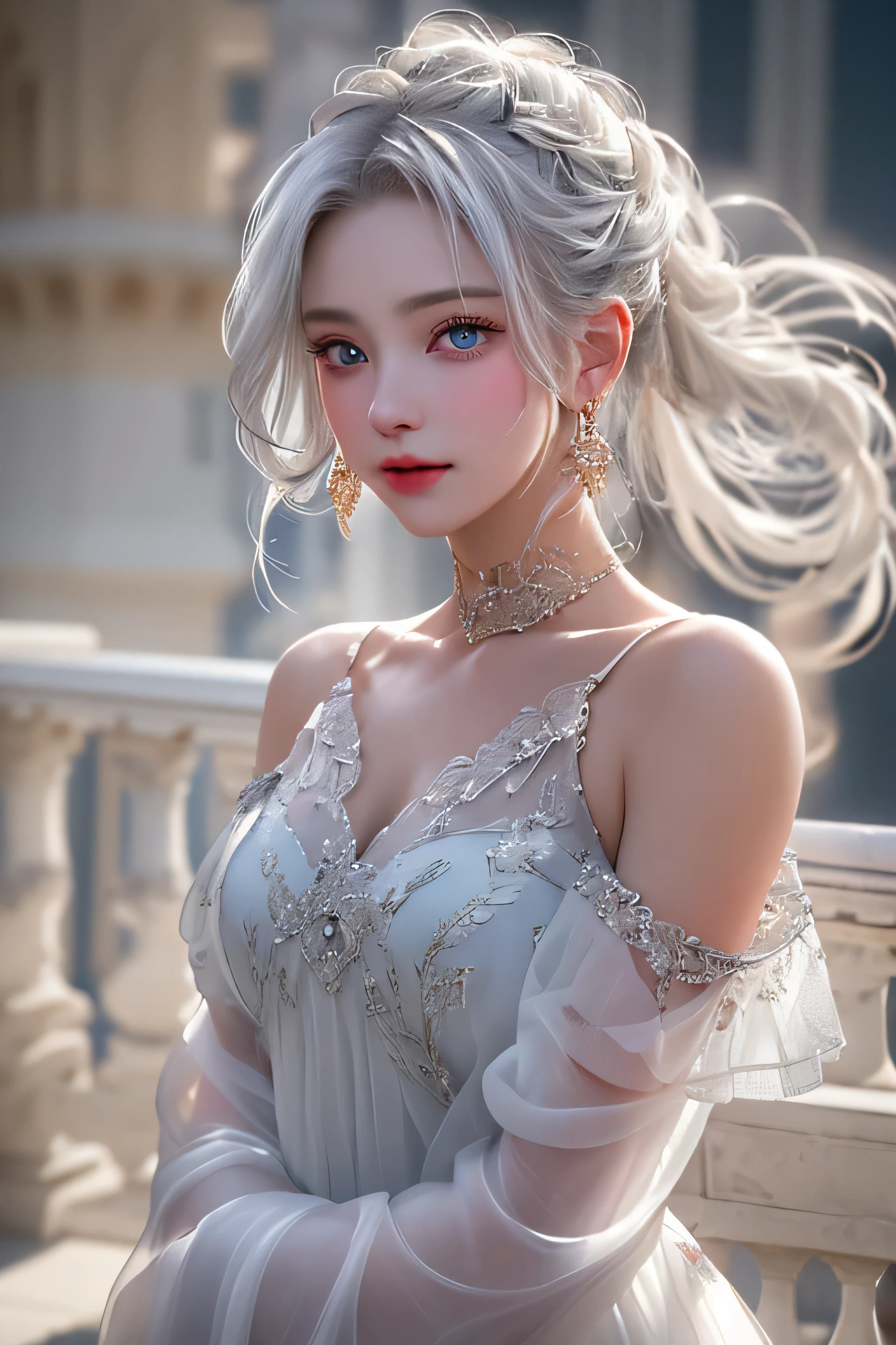 (best quality, masterpiece:1.2), ultra high res, realistic, front lighting, intricate detail, Exquisite details and textures, 1girl, solo ,(young), face highlight, upper body, detailed face, tear mole, white skin, silver hair, ponytail, braid hair, looking at viewer, big eyes, silk robe, (hollow pattern, white, silk), earrings, small breasts, slim body, luxury room, professional lighting, photon mapping, radiosity, physically-based rendering,