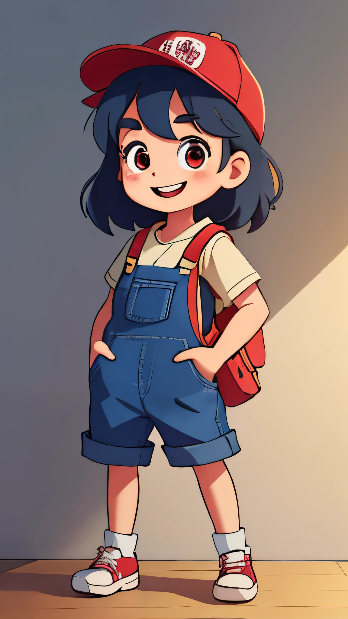 little girl full body photo,Show off hands and feet,wearing a hat,Carrying a red schoolbag,Wearing denim overalls,Open hands,Permanently installed,Raise your right foot,Expose the soles of your feet slightly,左脚Permanently installed,smile smile,The eyebrows are slightly curved,show joy,studio lighting,flat illustration,detail,Anime feeling,soft light,rich and colorful
