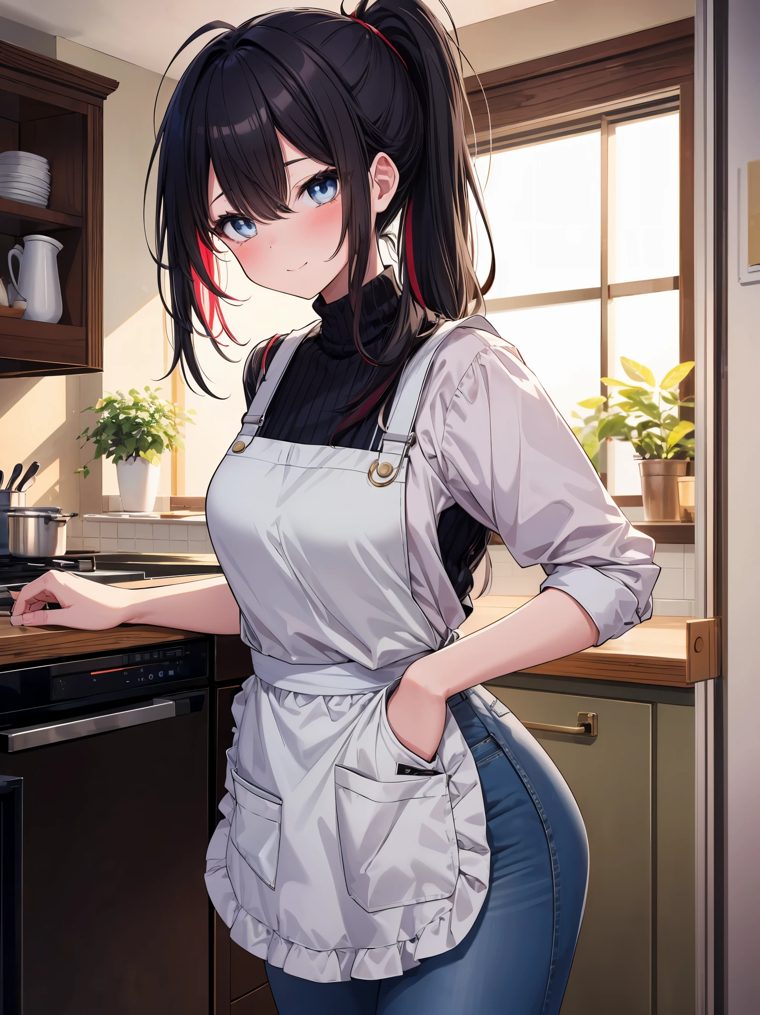 (cowboy shot), (best quality, ultra-high resolution, depth of field:1.2), solo, adult, 1woman, mature woman, toned body, medium breasts, wide hips, black hair, streaked hair, long hair, bangs, ponytail, upturned eyes, bright eyes, (wearing casual clothes), denim jeans, apron, house kitchen scenery, gentle smile, (blushing:1.2), looking at viewer