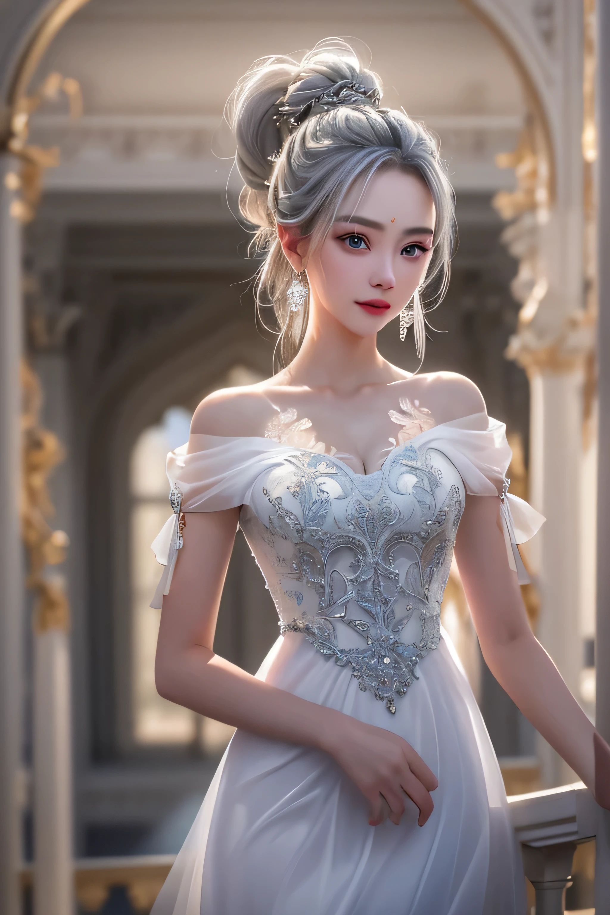 (girl standing on the balcony of the palace),(highest quality, masterpiece:1.2), ultra high resolution, realistic, front light, intricate details, Exquisite detail and texture, 1 girl, alone ,(young), facial highlights, Upper body, detailed face, Tears mole, 白 skin, silver hair, ponytail, braid hair, looking at the viewer, blue big eyes, (Off-shoulder sheer white long dress), earrings,medium sized breasts, because I'thin, luxury room, professional lighting, photon mapping, radio city, Physically based rendering,(Old European castles are hazy in the background),Backlight、(I can see the silhouette of the body)