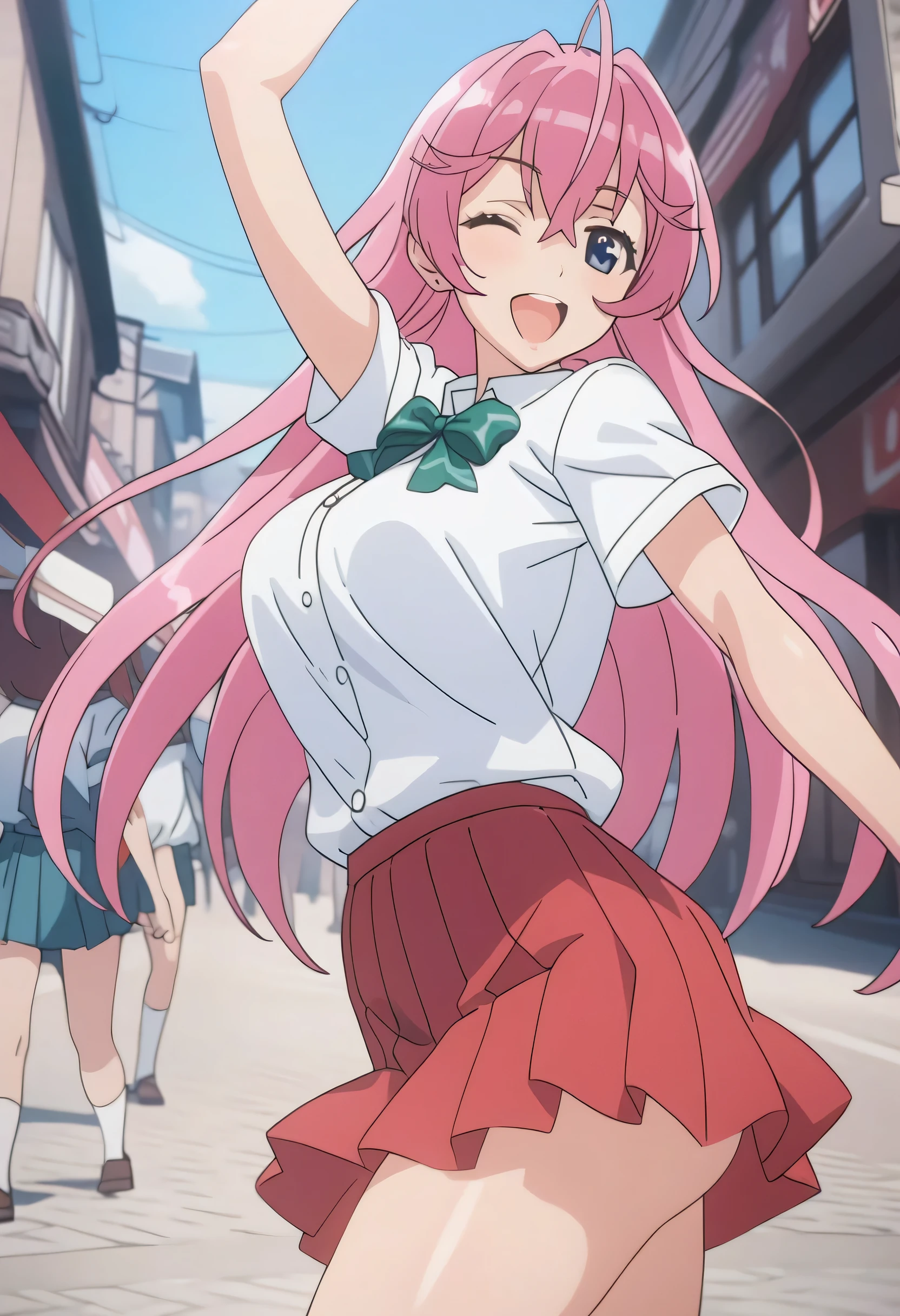 otmn,1girl,solo, pink hair, large breasts, smile,happy,open mouth, one eye closed, white shirt,school uniform, green bow, red pleated skirt, contrapposto, in town, masterpiece,best quality, very aesthetic,(anime screencap:0.8),8k,absurdres,