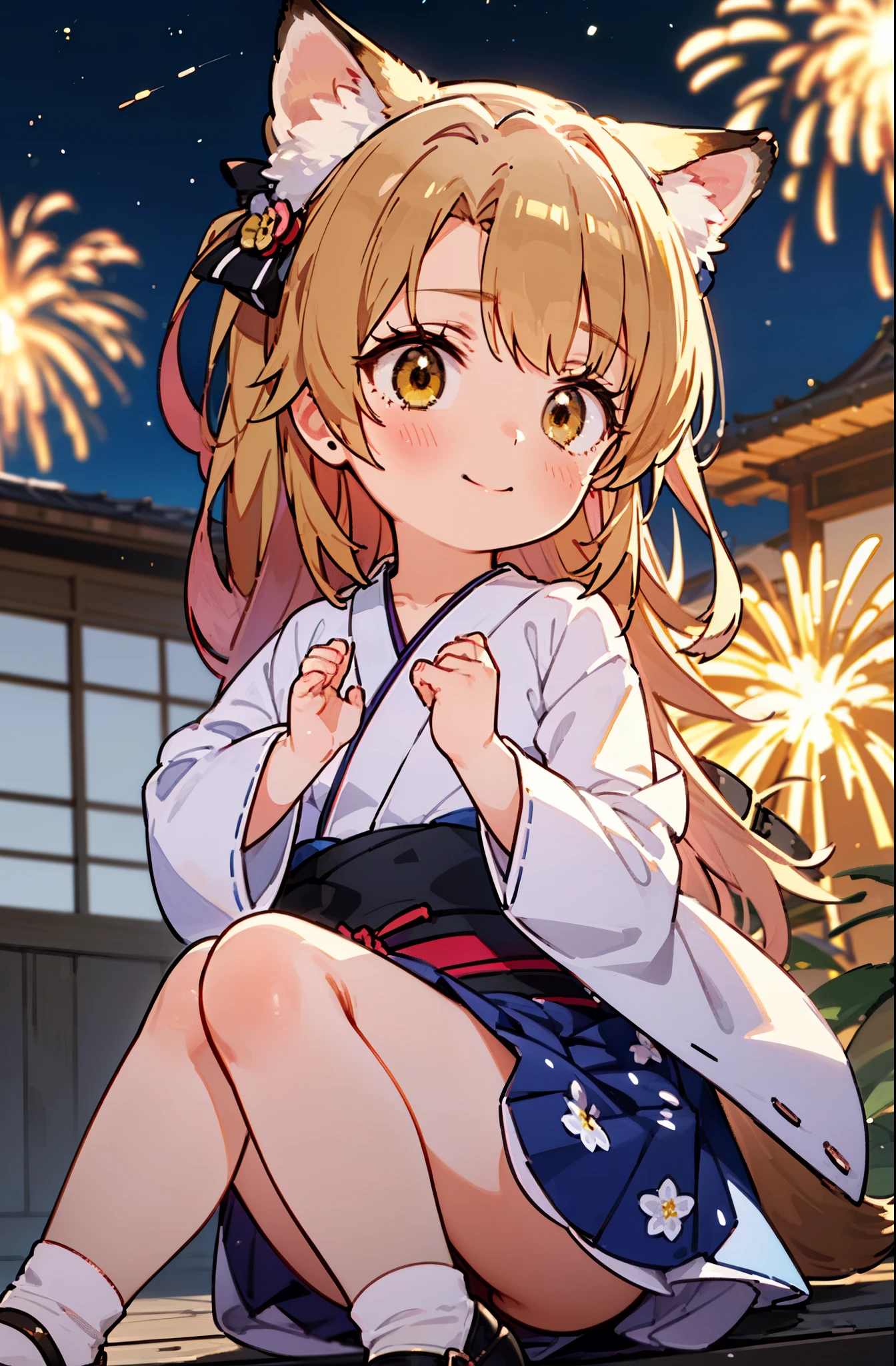 irohaisshiki, Isshiki Iroha, long hair, brown hair, (brown eyes:1.5), smile,animal ears fox ears,animal caudal fin fox tail,flower hair ornament,Yukata with yellow floral pattern,long skirt,Zori sandals,firework in the night sky,firework,The place is a firework display,Time is night,sunny day,So that the whole body is included in the illustration,
break outdoors, 神社
break looking at viewer,
break (masterpiece:1.2), highest quality, High resolution, unity 8k wallpaper, (figure:0.8), (beautiful deしっぽed eyes:1.6), extremely deしっぽed face, perfect lighting, extremely deしっぽed CG, (perfect hands, perfect anatomy),