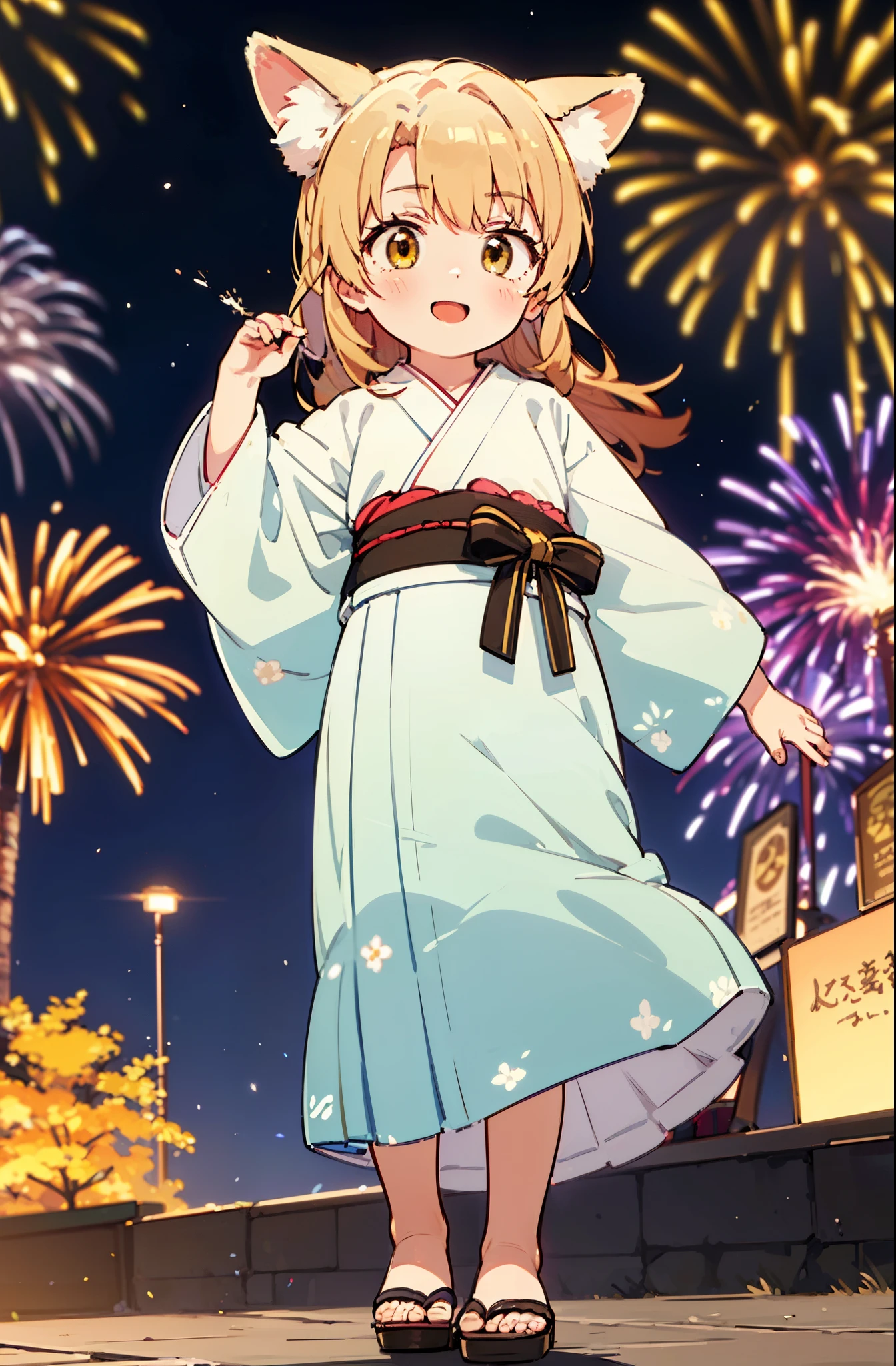 irohaisshiki, Isshiki Iroha, long hair, brown hair, (brown eyes:1.5), smile,animal ears fox ears,animal caudal fin fox tail,flower hair ornament,Yukata with yellow floral pattern,long skirt,Zori sandals,firework in the night sky,firework,The place is a firework display,Time is night,sunny day,So that the whole body is included in the illustration,
break outdoors, 神社
break looking at viewer,
break (masterpiece:1.2), highest quality, High resolution, unity 8k wallpaper, (figure:0.8), (beautiful deしっぽed eyes:1.6), extremely deしっぽed face, perfect lighting, extremely deしっぽed CG, (perfect hands, perfect anatomy),