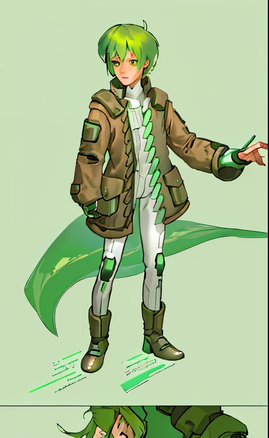 Science fiction boy in futuristic clothing, green hair, brown jacket, 1boy, no background, bare hands, white skin, high detail, beautiful