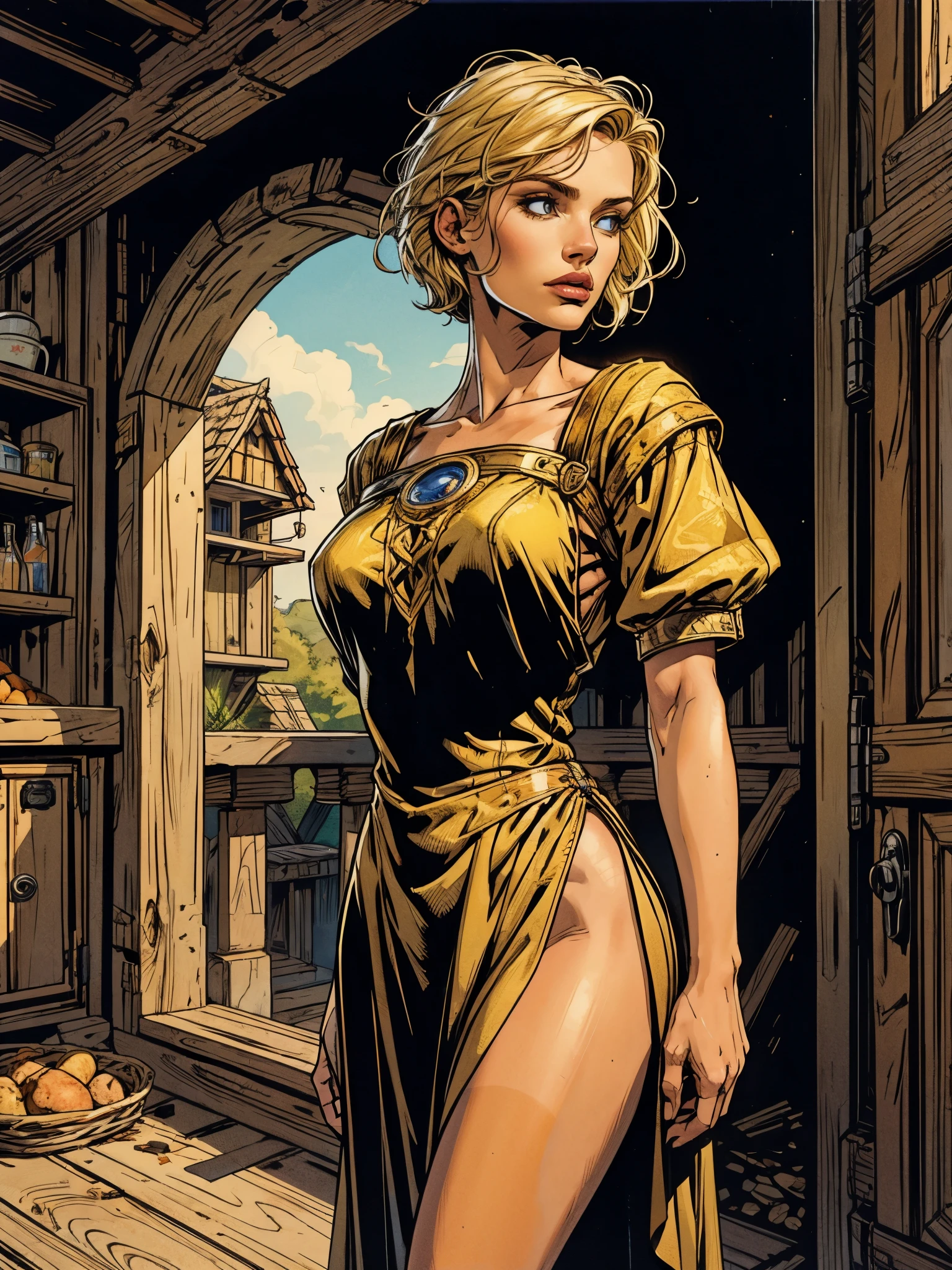 Masterpiece, a beautiful Viking woman, ((Ingrid Bergman:Milla Jovovich:0.5)), (high detail plunging Celtic gown), (medium breasts), (perfect body), (blonde matted hair), (short hairstyle), outside, (skin texture:1.1), best quality, ultra high res, Raw photo, Nikon D850, backlight, rimlight, bright sunlight, film grain:1.2, (warm hue, warm tone:1.2), (color photo), fantasy Viking village background