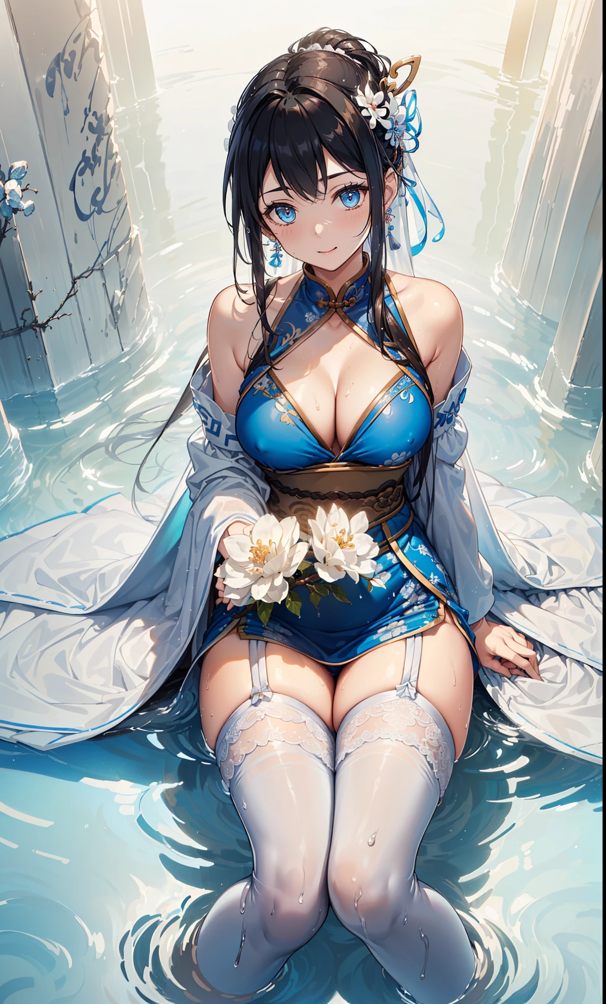 top quality，best resolution，((Soaked black long cheongsam），super detailed, White double ponytail hair，20 years old young girl，Gorgeous的雕纹，Design intricate clothes，blue eyes，she has earrings, wealth，Gorgeous， imagine，Elegant and charming，Slightly curvy figure，((White transparent white garter stockings)),((people submerged in water，Playing in the water，Adjacent to ancient Chinese hot springs，Foggy weather，water magic))，night，Glamorous pose，Repair legs