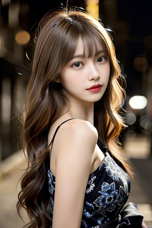 1 cute young girl, style girl, Idol, very detailed and beautiful, medium shot, most detailed girls, focus on girl, Respect, extra detailed body, perfect female body, beautiful detailed girl, 20-year-old, long lightly wavy hair, hair is dirty, asymmetrical bangs, light brown hair, striped hair, hair blowing in the wind, delicately detailed face, dark look, beautiful eyes, mouth is slightly open, delicate arms and hands, light brown eyes, real skin texture, night, very delicate and beautiful, very detailed, very detailed CG 統合 8k 壁紙, movie lighting, (yukata)、