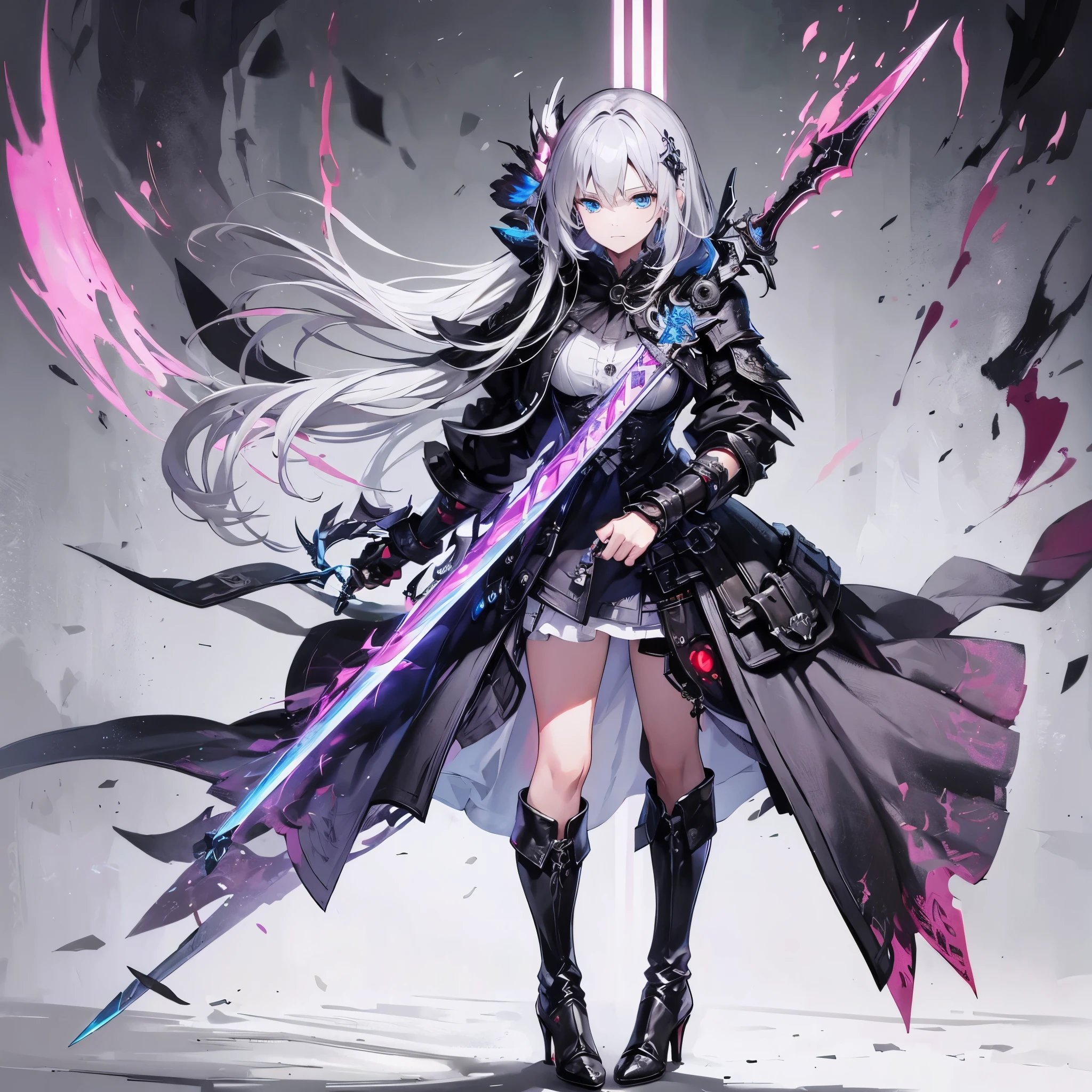 masterpiece、high quality、cyber punk、dark fantasy、dark soul、bloodborne、in a cruel world、 with a sword（blue eyes、silver hair、swordsman）、uniform（y shirt、cutter shirt、blazer、skirt、long coat）cyber punkブーツを履く（high heels、high boots）、Wield a giant sword、Bloodstained