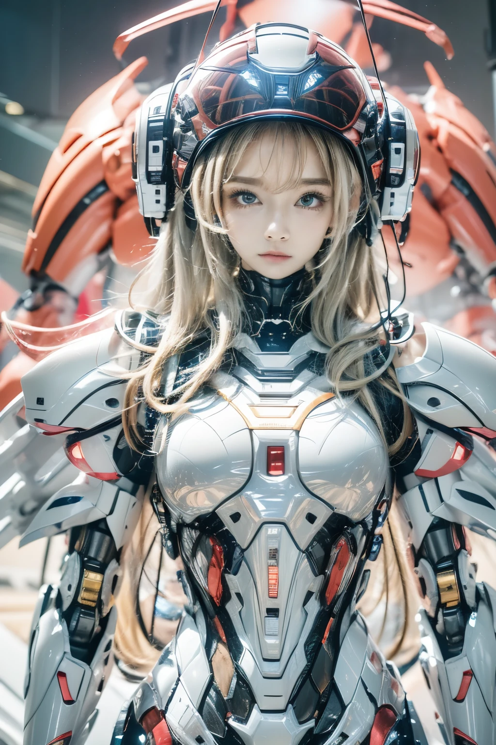 One is dressed in a futuristic suit、Woman in helmet, Mecha cyber armor girl, Armored astronaut portrait , Perfect anime robot woman, female armor, girl wearing robotic suit, cute robot girl, Beautiful girl robot, cosplayer dressed like a crab, Japanese robots, Perfect woman, Portrait anime space cadet girl, beautiful girl