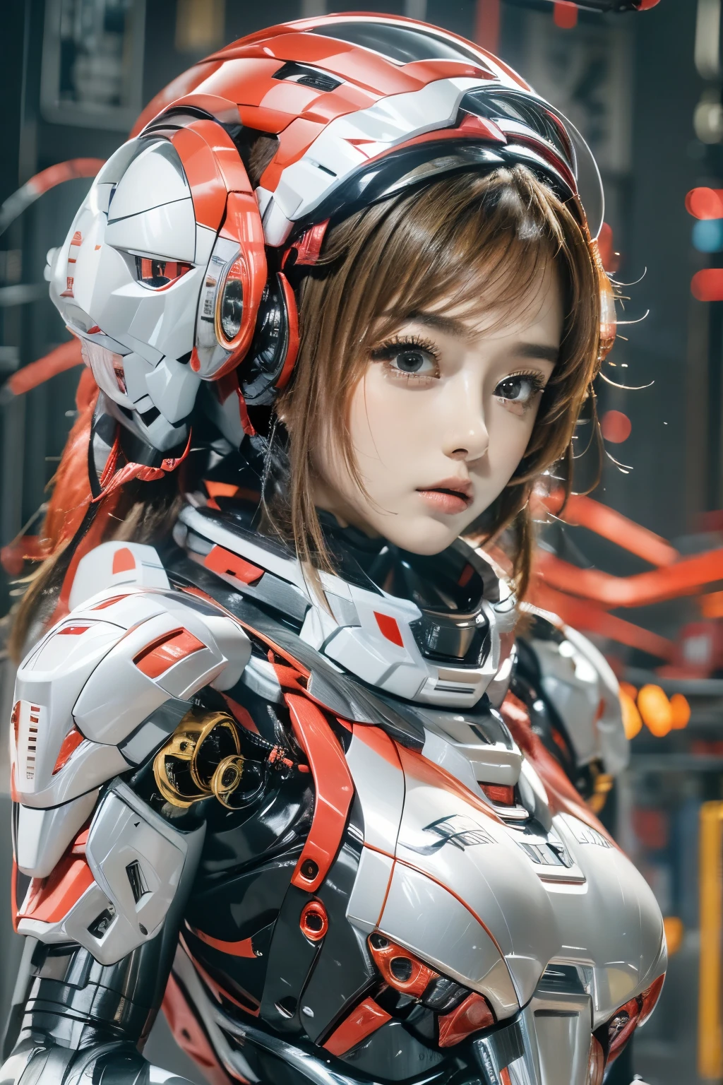 One is dressed in a futuristic suit、Woman in helmet, Mecha cyber armor girl, Armored astronaut portrait , Perfect anime robot woman, female armor, girl wearing robotic suit, cute robot girl, Beautiful girl robot, cosplayer dressed like a crab, Japanese robots, Perfect woman, Portrait anime space cadet girl, beautiful girl