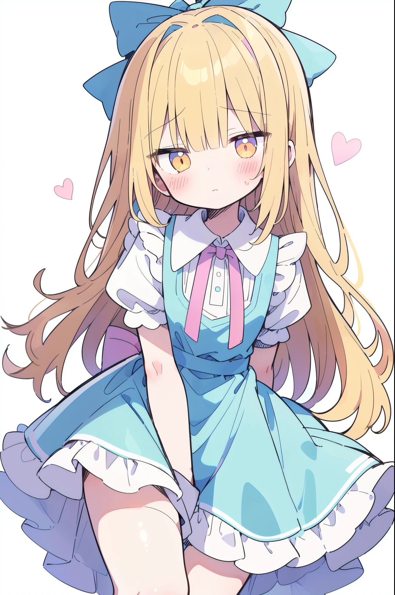 (alice in wonderland:1.2), 1 girl, blonde, hair ribbon, cute, cute, (blush), No expression, open your mouth, thigh, simple background, (white background), (dynamic angle:0.6)、oxytocin、precious、