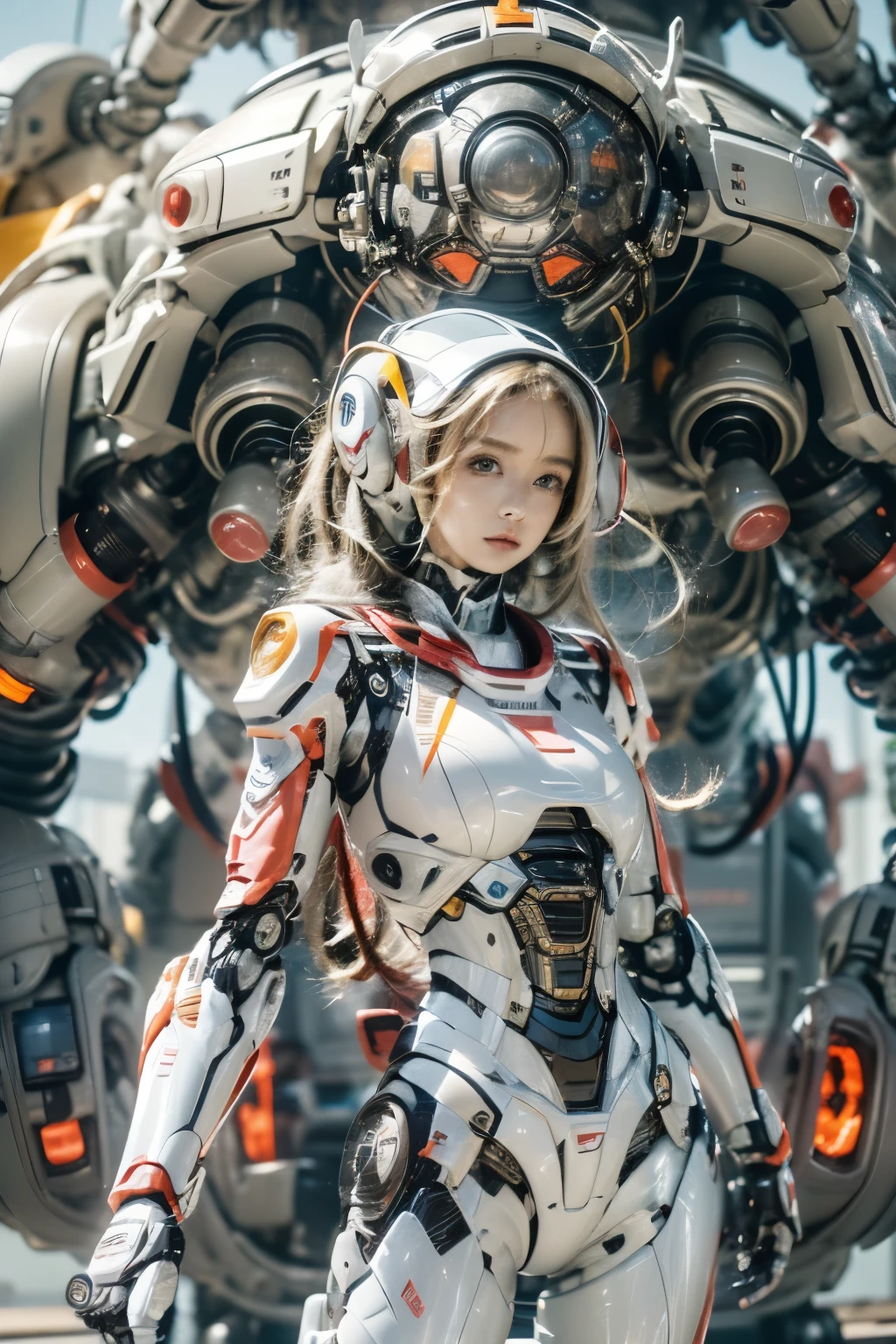 One is dressed in a futuristic suit、Woman in helmet, Mecha cyber armor girl, Armored astronaut portrait , Perfect anime robot woman, female armor, girl wearing robotic suit, cute robot girl, Beautiful girl robot, cosplayer dressed like a crab, Japanese robots, Perfect woman, Portrait anime space cadet girl, beautiful girl